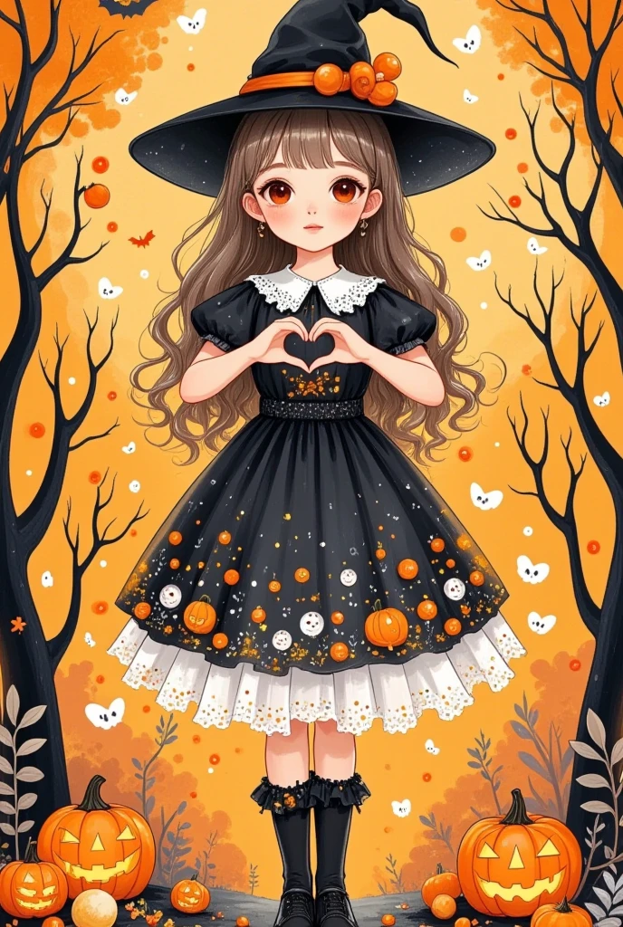 Cartoon，万圣节Cartoon幽灵戴着女巫帽， makes a heart gesture with your hands isolated on an orange background,  happy Halloween concept , Light and Shadow, Fresh and natural, fairy tale, color, Abstract composition, 奇幻的Cartoon,Dreamy emotions, Beautiful fantasy art, Ethereal fantasy