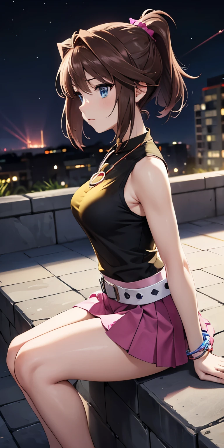 1 Female,High definition,high resolution,Ultra-realistic,8K, bbmazaki, ponytail, hair scrunchie, blue eyes,((yellow shirt)),necklace, sleeveless, bracelet, belt, pink skirt, tight skirt, miniskirt,European,sexy,Upper body close-up,Photographed from the front,Dynamic Angles,private teacher,blush, medium tits ,outdoors, moonlight, dark sky, buildings,full body,4k, ultra high definition, perfect face, detailed face , (isometric profile view), sitting ,(pov, closed shot:1.2) ,thinking , detailed clothes , detailed face