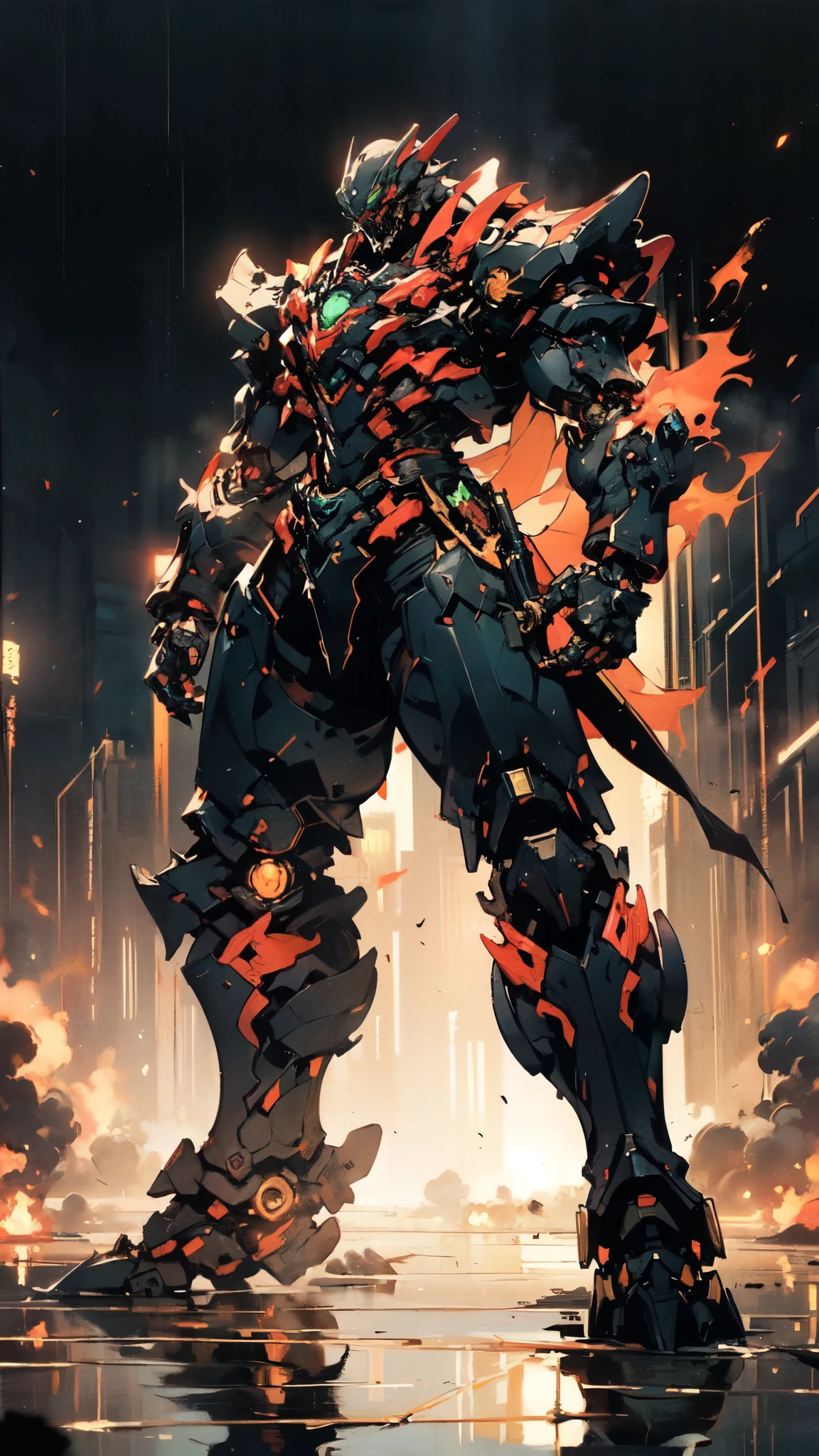 (masterpiece:1.5, best quality:1.5, extremely delicate:1.5, dynamic angle:1.5), ((male:1.5)), Biomimetic humanoid Mecha, green eyes, fully enclosed shoulder guards, matching arm and leg guards, gemstone, full body, full armor, the design balances heavy with agility, organic biotech armor, (the color scheme is primarily Golden and Black with Red and Green accents, concept Inspired by Godzilla, glowing eyes, the armor glows), standing, floating high above the futuristic sci-fi city, a finely crafted Super robot in anime style, exquisite and mature art style, metallic, dramatic, high definition, highres, ultra-detailed, ultra-fine painting, professional, anatomically correct, symmetrical face, extremely detailed eyes and face, high quality eyes, creativity, RAW photo, UHD, 32k, Natural light, cinematic lighting, (masterpiece-anatomy-perfect:1.2)