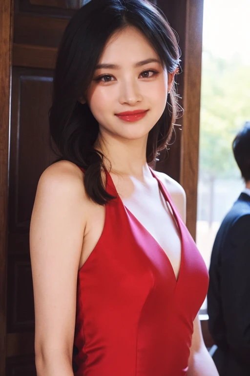 There is a person, red dress, long dress,  red lips,  smiling,  black eyes 