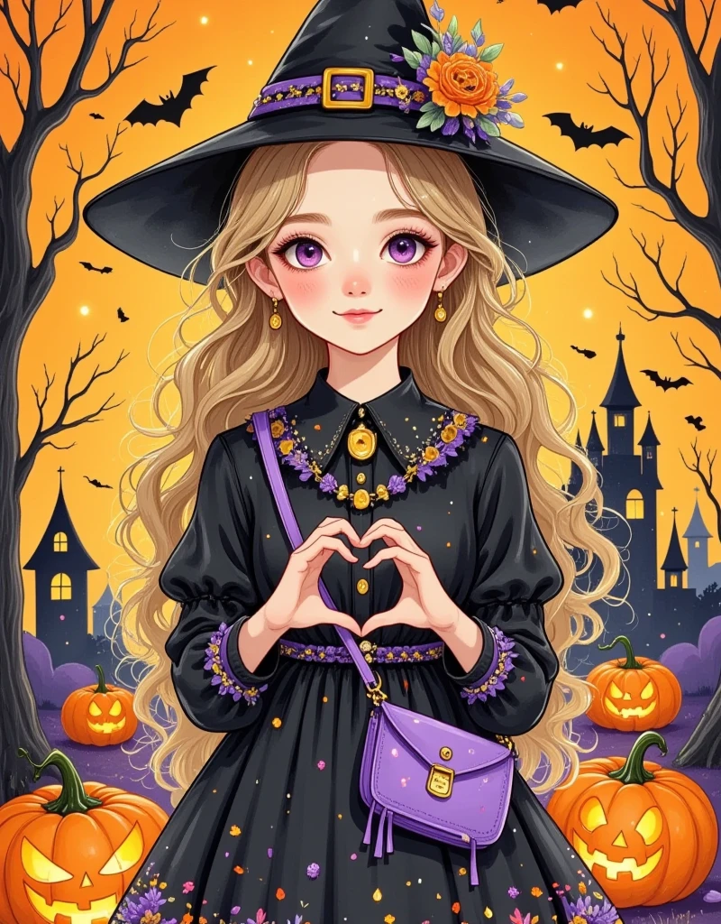 Cartoon，万圣节Cartoon幽灵戴着女巫帽， makes a heart gesture with your hands isolated on an orange background,  happy Halloween concept , Light and Shadow, Fresh and natural, fairy tale, color, Abstract composition, 奇幻的Cartoon,Dreamy emotions, Beautiful fantasy art, Ethereal fantasy