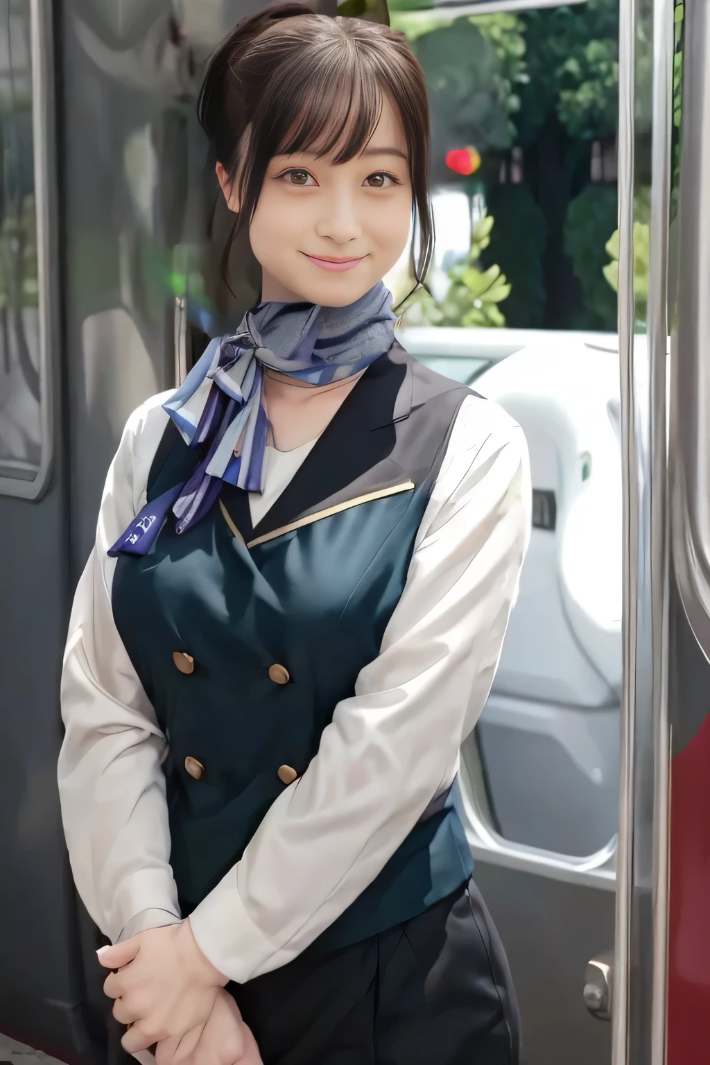 (masterpiece:1.2, Best Quality:1.2), 32K HDR,  Kampala, (Alone、 1 girl)、（on board、 Professional Lighting）、In-flight background、（Nankai Train crew uniformを着たリアルスタイル）、（（ Nankai Train Crew Uniform Collarless Blouse Long Sleeve 、  Black Curled Culottes Skirt 、Scarf around the neck））、 dark brown hair、（ long hair、Hair tied up、 summary hair ）、 dark brown hair、 LONG SHOT 、Big Breasts、Thin legs、（（Great hands：2.0）），（（ Harmonious Body Proportions：1.5）），（（Normal limbs：2.0）），（（Normal finger：2.0）），（（Delicate eyes：2.0）），（（Normal eyes：2.0））)、smile、（Nankai Train crew uniformを見せた美しい姿）、Hands clasped underneath
