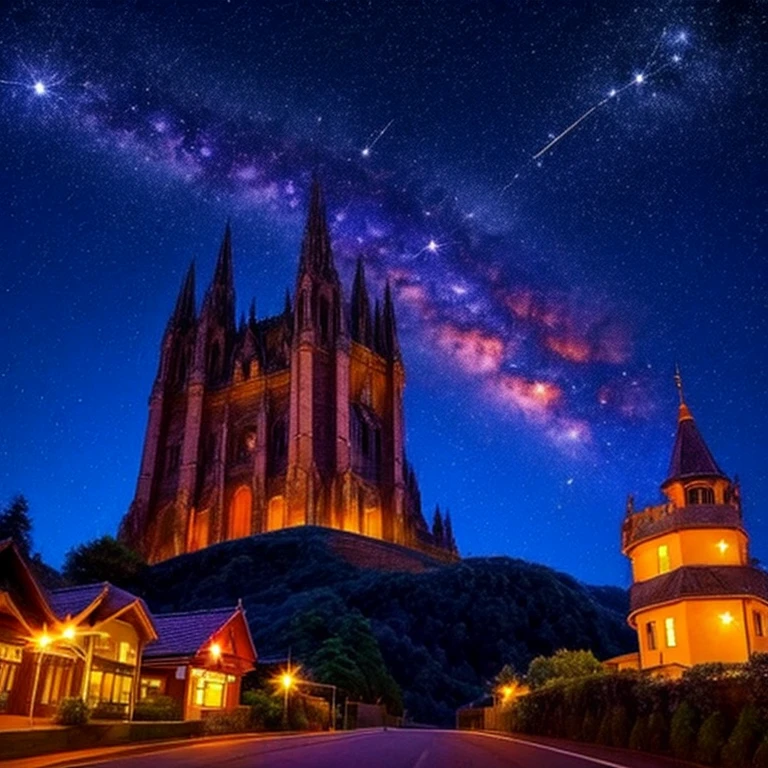 本物の夜空にプラネタリウムのstar座を演出する描写で、満天のstar空、光り輝くstar座表、star々Meridians connecting 、薄くホログラム処理され形作られるstar座、star空を指さす子供達、 observing an astronomical object on a small, pitch-dark hill 、 night view of a small city visible in the distance 、Mysterious、 fantastic、 creates the majesty of the night sky 、A small hill late at night 