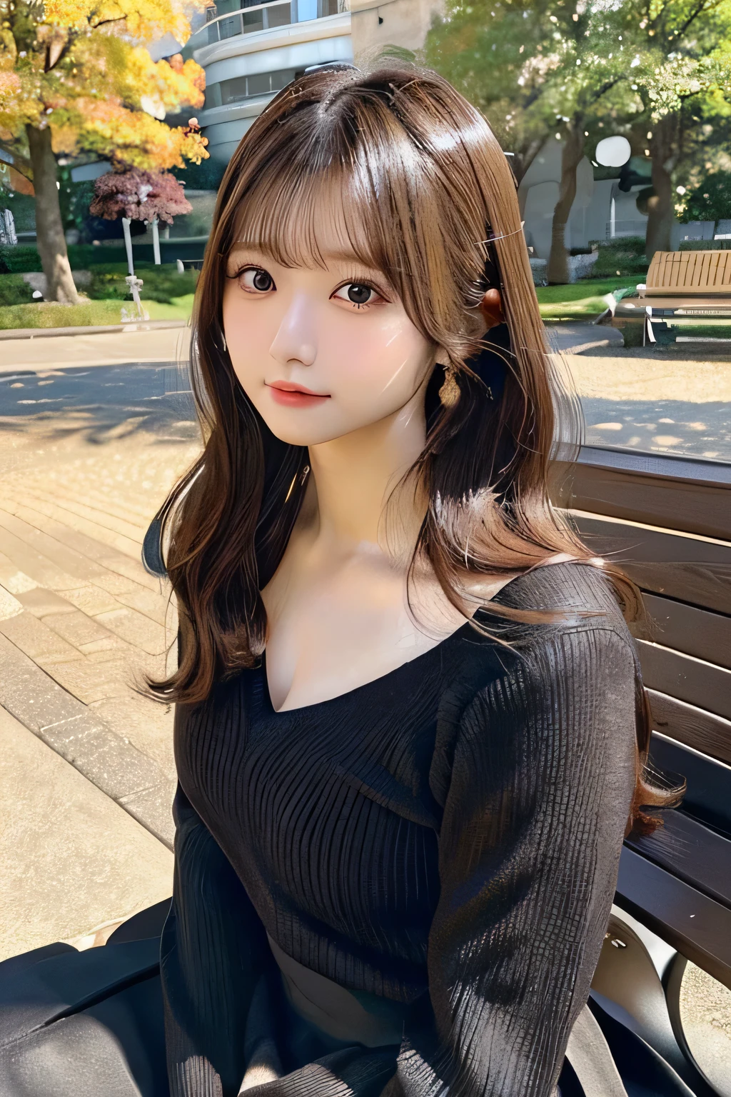 Masterpiece,best quality,high quality,detailed,ultra detailed.4K/8k,Full-HD,high resolution１gitl, medium(Whiting hair 、Brown Hair、 Japanese idol in her 20s、Plump Cheeks、Natural eyelashes 、black V-neck-sweater,long skirt,Full Body Shot,Sitting on a park bench