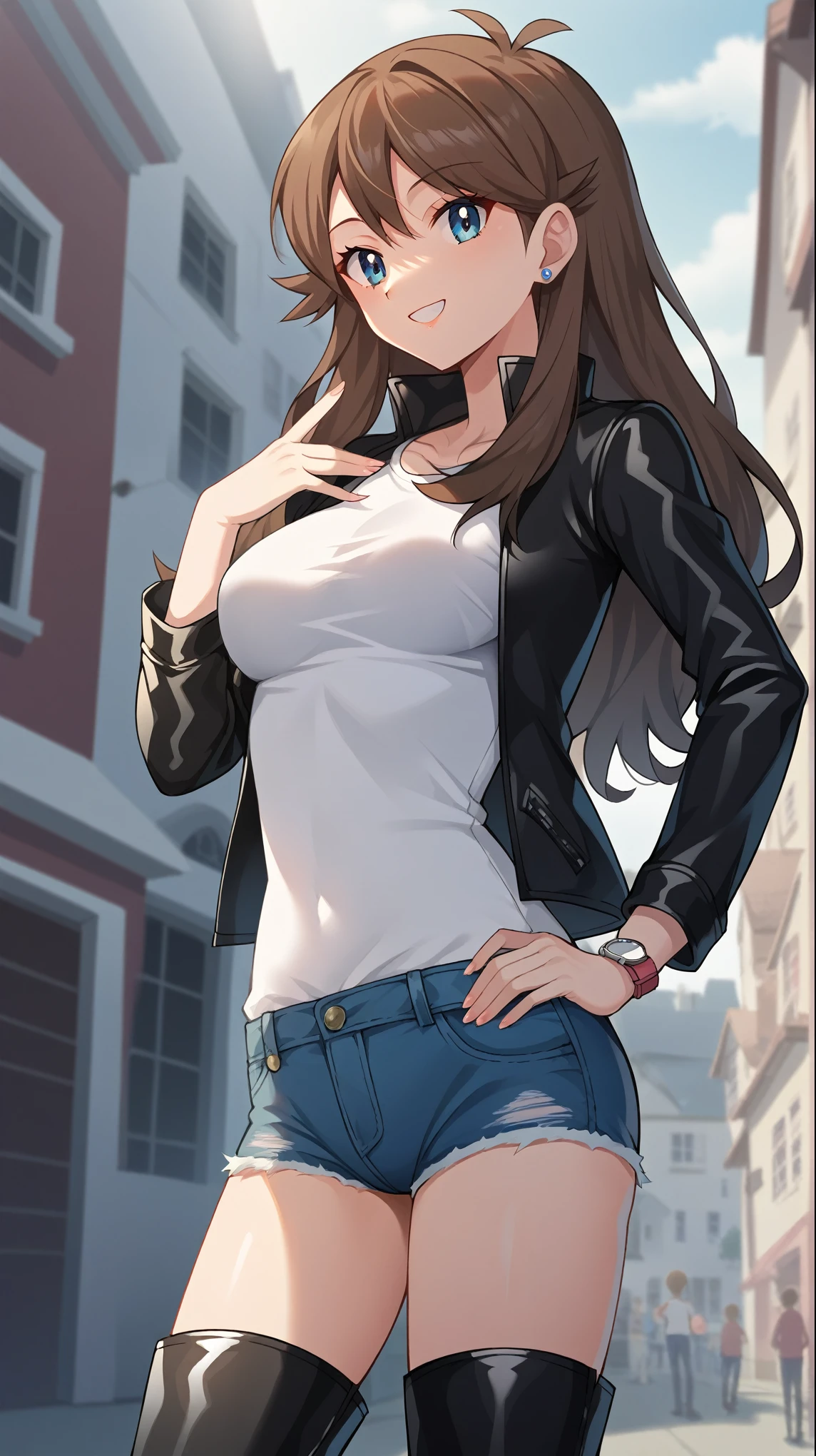  score_9,  score_8_Excellent,  score_7_Excellent,  score_6_Excellent, Best Quality, sauce_Anime,  Cell Shading ,  flat color , vector,  detailed background, town, building, Break 1 Girl, Alone, (\Pokémon\), Brown Hair, Long Hair,  blue eyes , Ample breasts,  WATCH VIEWERS , 1 female, Age 18, whole body,  slim figure, smile, Outdoor, 挑発的なsmile,  seductive smile,  leather jacket, Place one hand on your hip, White long sleeve shirt,  denim shorts, Knee-high boots, Seductive pose, tall,　bare hands, no gloves ,  standing ,