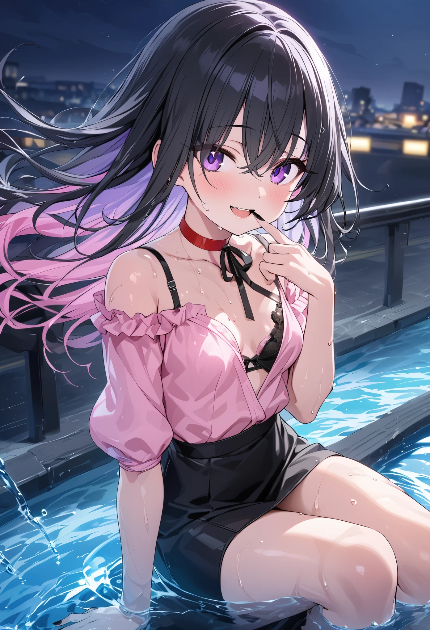 masterpiece,  best quality , Official Art, 8k wallpaper, almond eye 、（Long black hair、The inside of the hair is pink:1.6）、 hair fluttering in the wind、 textured skin,,Cheeky、Shiny hair texture、Soft thighs、( Jirai fashion in pink blouse and black miniskirt:1.22)、( Top Quality Masterpiece:1.4), Put your finger over your mouth、(Young woman, Age 19, Alone, Wet Skin、 holographic transparent hair, Transparent gradient hair, Two-tone hair, Split bangs, Bright smile, Open your mouth, Purple Eyes,  perfect eyes:1.1),provocative face 、Double teeth、 black bra bathed in liquid、 (frills, race, raceリボン), Sitting,( red choker with pink inside:1.2)、Small breasts、Black Nail Art、 perfect body,(Black ribbon on chest:1.2),  textured skin, Eyes visible through hair,Night light、On the road