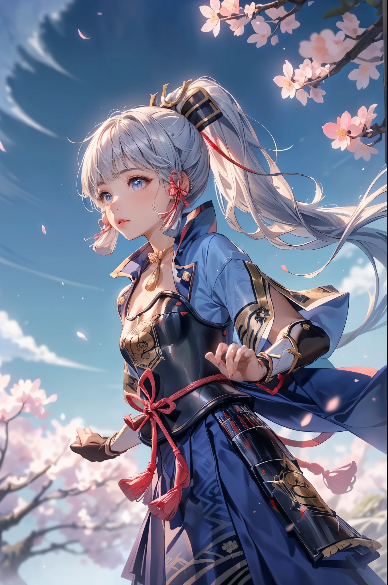 masterpiece, Best Quality, ((Ayaka Kamisato_ Genshin Impact)),(( 1 girl ,Long Hair, blue hair , ponytail,  Hair Ribbon ,  hair accessories , Hold the  ,  blue eyes ,breastplate,armor, Short sleeve,Japanese clothing,  Blue Skirt , Tassel,gloves, Arm guard,))[hold a japanese fan(japanese sensu):1.4],((Great background、whirlwind、cherry blossoms)),　Reaching for the cherry blossom
