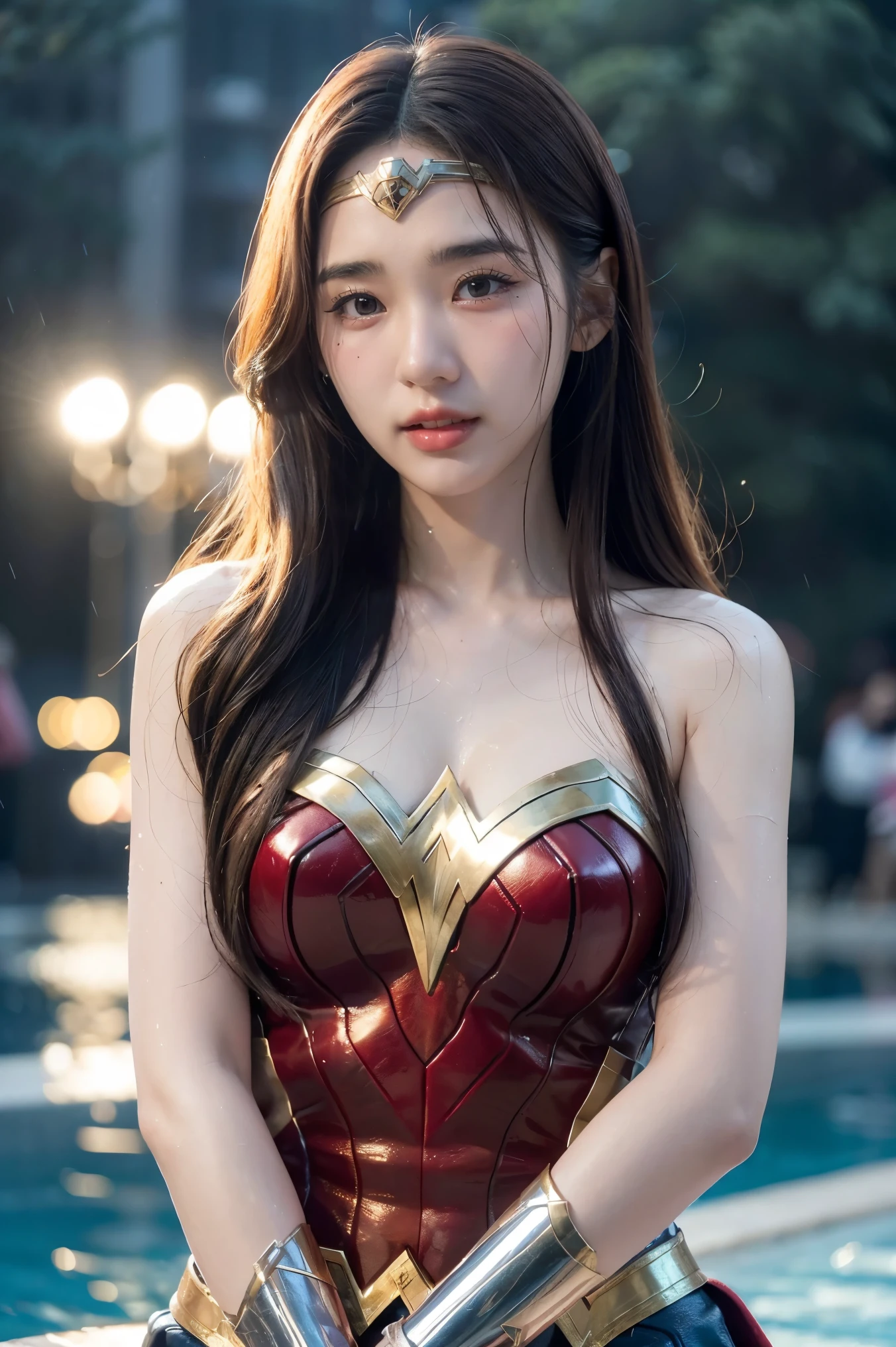 It's raining heavily,heavy rain,water dripping、Inside the fountain,wet wonder woman、drenched wonder woman,wet hair,wet body、splash of water,water dropletasterpiece、1 beautiful girl、fine eyes、puffy eyes、highest quality, 超High resolution, (reality: 1.4), movie lighting、Japanese、asian beauty、Korean、super beautiful、beautiful skin、body facing forward、close up of face、(超reality的な)、(High resolution)、(8k)、(very detailed)、(美しくfine eyes)、(Super detailed)、 (wall-)、detailed face、bright lighting、professional lighting、looking at the viewer、look straight ahead、slanted bangs、brown hair、Nogizaka Idol、korean idol、fiery idol pose、、25 years old、wonder woman cosplay,wonder woman tiara
