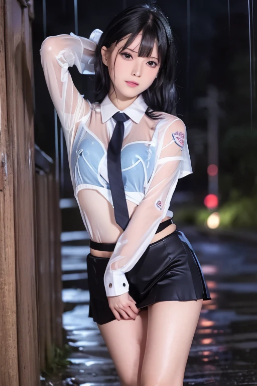   1 tall woman  , , (punk hairstyle  ,   Black Hair  ),   scary expression,   holding vaginal inserts for a plump body  ,  blue eyes , One Piece Uniform, (Wearing a transparent white dress, Short sleeve, Light grey tie,),   OSIS logo on the shirt pocket, Perfect round breasts,    he was tired of falling into the rain    (  the road is very muddy  ),  Expression of fatigue   (  his uniform was wet in the rain  ), heavy rain (Rain at night), The skirt is also transparent ,   Black Lace Panties ,  his uniform was wet   (  his uniform was wet  ),My skirt is wet too ,   Night sky background  , Best Shot.