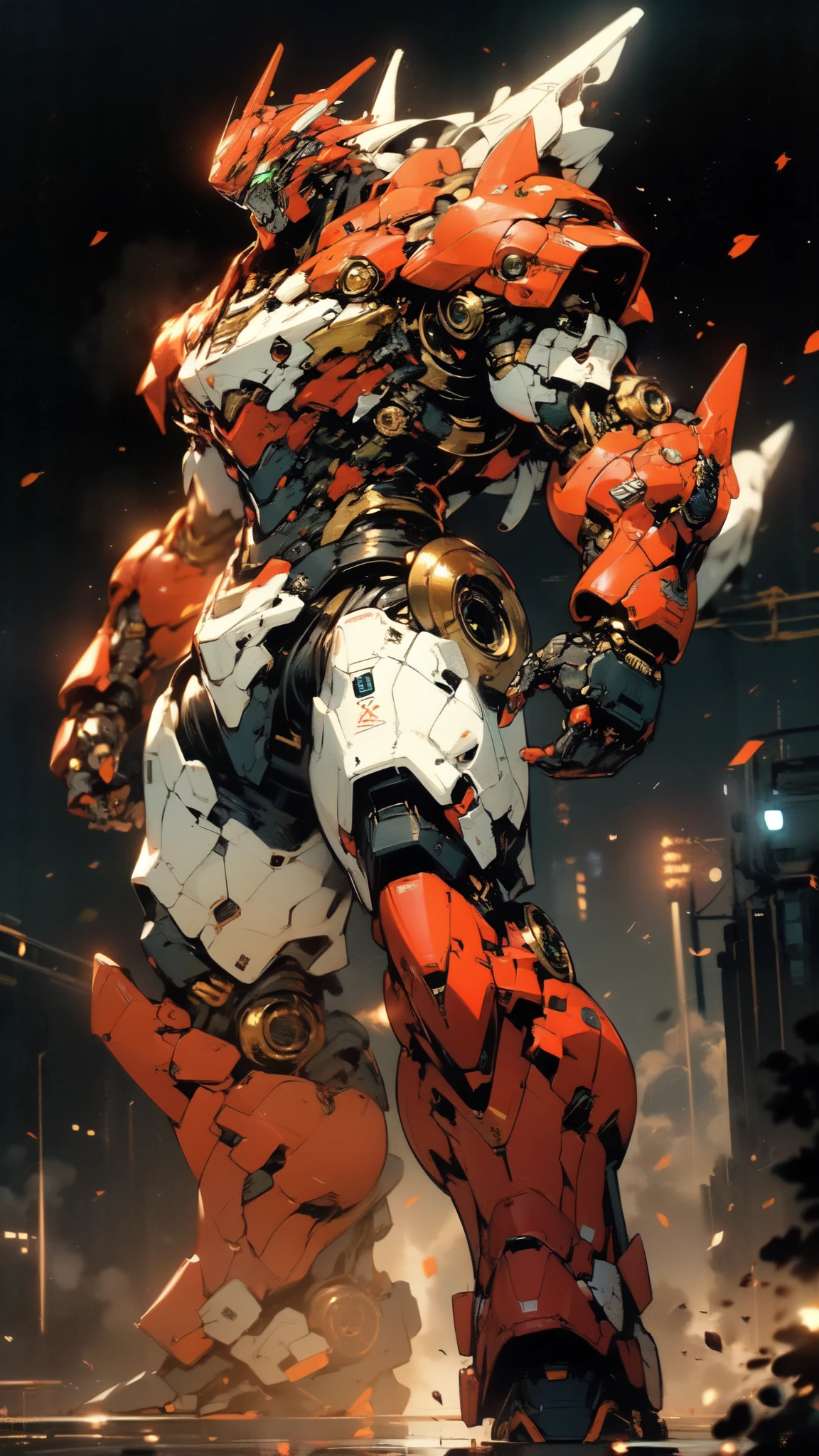 (masterpiece:1.5, best quality:1.5, extremely delicate:1.5, dynamic angle:1.5), ((male:1.5)), Biomimetic humanoid Mecha, green eyes, fully enclosed shoulder guards, matching arm and leg guards, gemstone, full body, full armor, the design balances heavy with agility, organic biotech armor, (the color scheme is primarily Golden and Black with Red and Green accents, concept Inspired by Godzilla, glowing eyes, the armor glows), standing, floating high above the futuristic sci-fi city, a finely crafted Super robot in anime style, exquisite and mature art style, metallic, dramatic, high definition, highres, ultra-detailed, ultra-fine painting, professional, anatomically correct, symmetrical face, extremely detailed eyes and face, high quality eyes, creativity, RAW photo, UHD, 32k, Natural light, cinematic lighting, (masterpiece-anatomy-perfect:1.2)