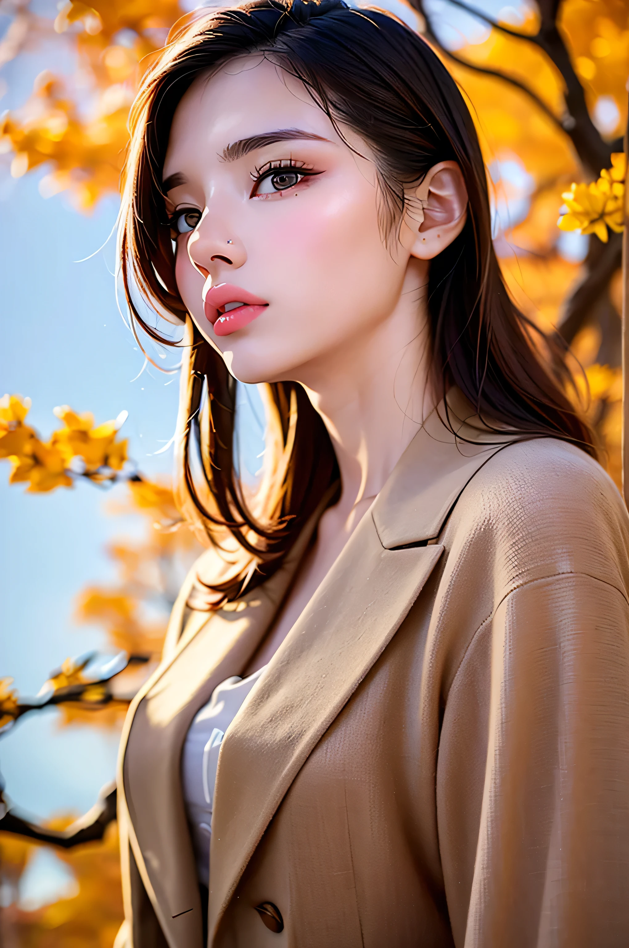 full shot , plano general:1.4, ( The best quality , hyperrealistic:1.2),realista 1 woman elegant sensual, elegant, adorable elegant, detailed lips, modern casual clothes without showing private parts, textured cutout, masterpiece, classic retro style , black style , Utopia style ) bold, threatening gaze. is half in profile the image is seen from head to toe , there is wind, autumnal leaves and some dust , luxury elegant, autumnal coat , she looks at the horizon , Uhigh definition, Retina, masterpiece, necessary, Anatomically correct, textured leather, Super detail, High details, High quality, Award Winner, The best quality , highres, 1080P, high definition, 16K