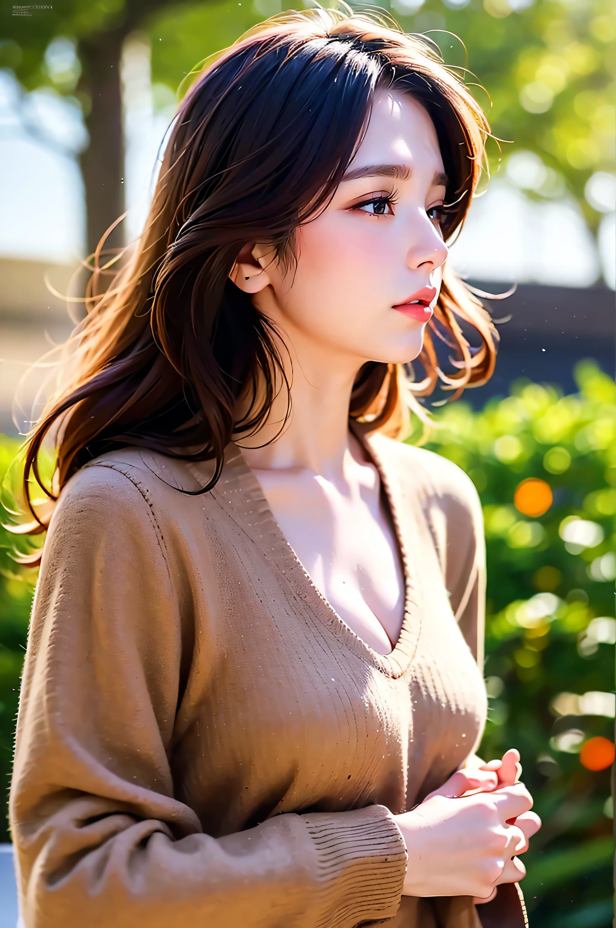 full shot , plano general:1.4, ( The best quality , hyperrealistic:1.2),realista 1 woman elegant sensual, elegant, adorable elegant, detailed lips, modern casual clothes without showing private parts, textured cutout, masterpiece, classic retro style , black style , Utopia style ) bold, threatening gaze. is half in profile the image is seen from head to toe , there is wind, autumnal leaves and some dust , luxury elegant, autumnal coat , she looks at the horizon , Uhigh definition, Retina, masterpiece, necessary, Anatomically correct, textured leather, Super detail, High details, High quality, Award Winner, The best quality , highres, 1080P, high definition, 16K