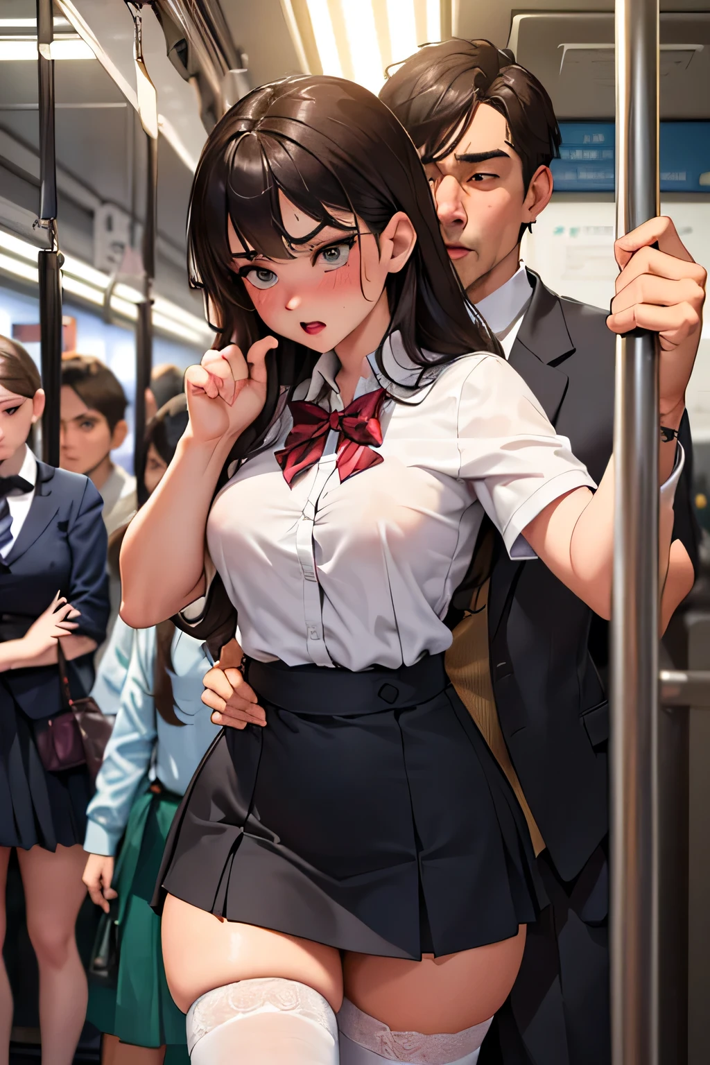 (SFW), ((photorealistic)), (masterpiece), (best quality:1.3), absurdness, [:intricate details1.3], SFW, realistic, masterpiece, (((VERY crowded subway train interior detailed scenario, VERY crowded subway train interior detailed background))), standing insanely hot (young small girl1) using sexy ((skirt)), ((behind skirt lifted)), ((3/4 white stockings)), ((big ass)), ((thick thighs)), ((fear expression)), (blushed face), (perfect body proportions)), old small man ass groping young small girl 1 from behind, (((old small man pressing his chest on young woman 1 back))) and (((holding her waist behind her)))

