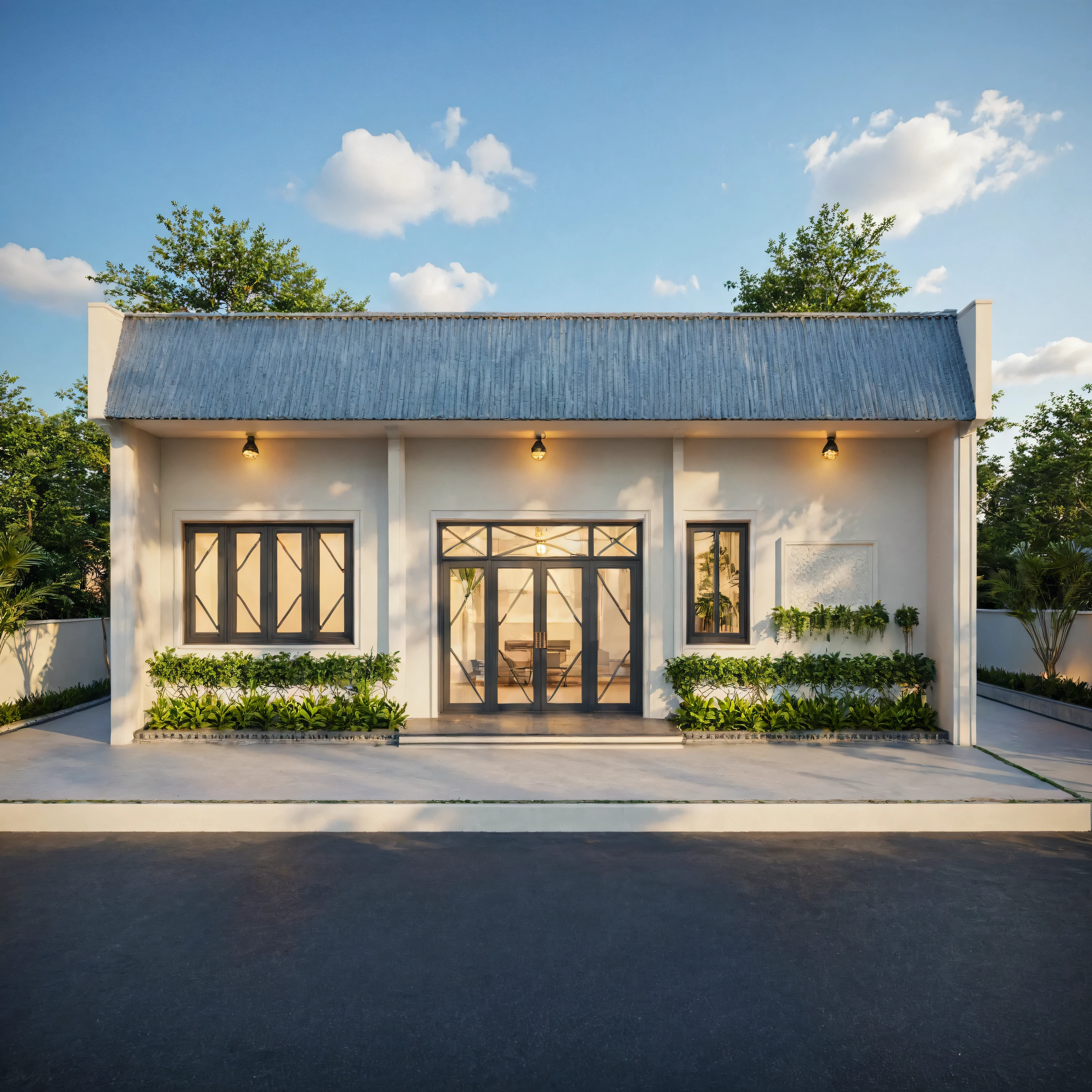 exterior of indochine villa, streetcapes, clear sky, few cloud, interior warm lighting, morning sunlight,minimalist landscaping, featuring lush greenery, textured walls, and natural materials. The villa is set under a blue sky with scattered clouds, casting soft shadows, photorealistic rendering with high realism, (RAW photo, masterpiece, best quality,ultra-detailed, extremely delicate and beautiful, highresolution, best shadow:1.1)