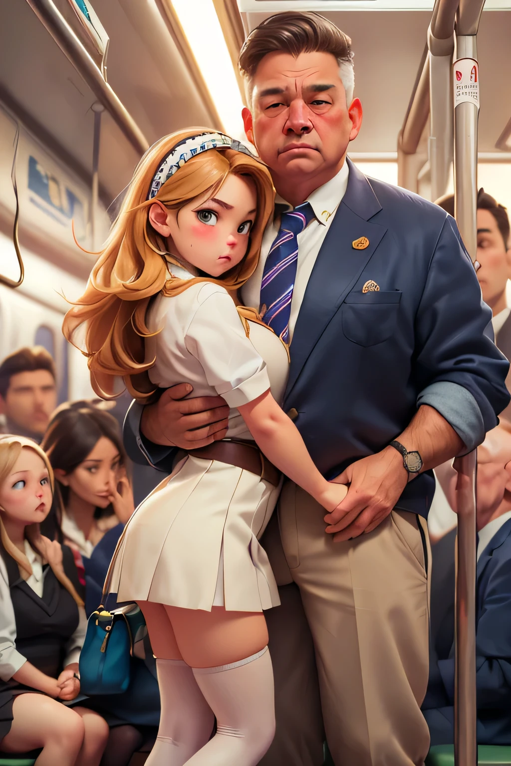 (SFW), ((photorealistic)), (masterpiece), (best quality:1.3), absurdness, [:intricate details1.3], SFW, realistic, masterpiece, (((VERY crowded subway train interior detailed scenario, VERY crowded subway train interior detailed background))), standing insanely hot (young 1) using sexy ((school uniform)), ((behind skirt lifted)), ((3/4 white stockings)), ((big ass)), ((thick thighs)), ((fear/shocked expression)), (blushed face), (perfect body proportions)), old small man ass groping young small girlom behind, (((old small man pressing his chest on young woman 1 back))) and (((holding her waist behind her)))