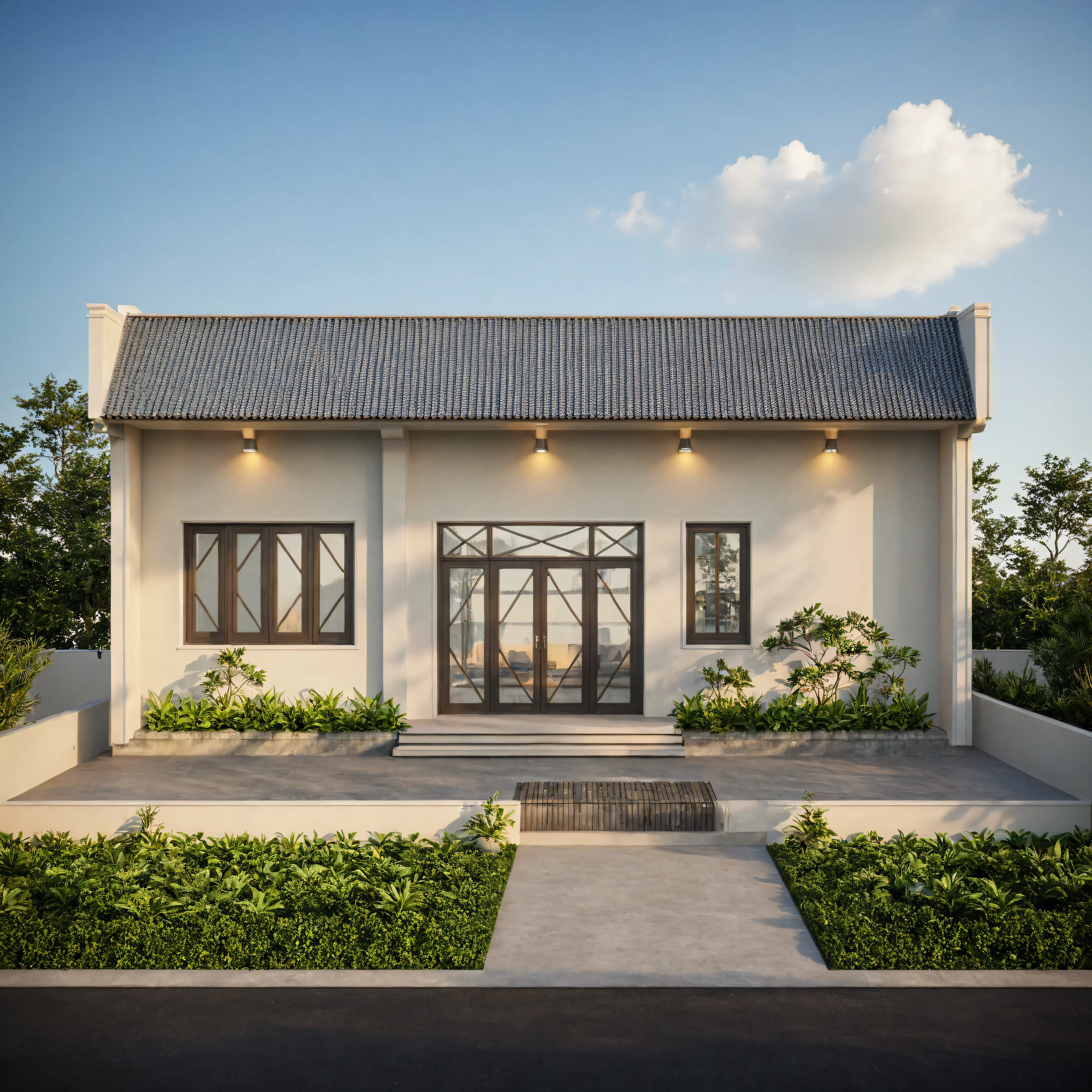  exterior of indochine villa, streetcapes, clear sky, few cloud, interior warm lighting, morning sunlight,minimalist landscaping, featuring lush greenery, textured walls, and natural materials. The villa is set under a blue sky with scattered clouds, casting soft shadows, photorealistic rendering with high realism, (RAW photo, masterpiece, best quality,ultra-detailed, extremely delicate and beautiful, highresolution, best shadow:1.1)