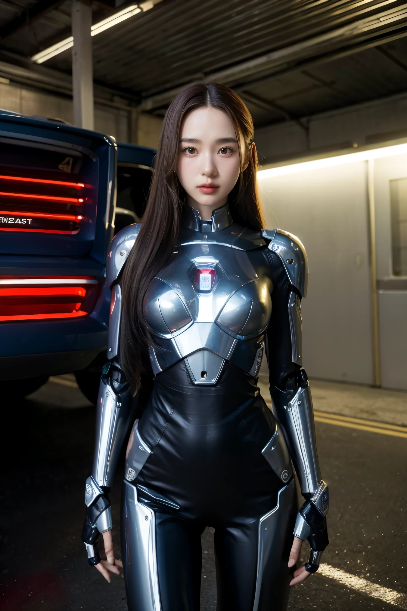 a portrait of robot woman in garage at night, science_fiction