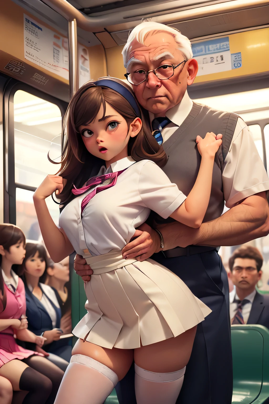 (SFW), ((photorealistic)), (masterpiece), (best quality:1.3), absurdness, [:intricate details1.3], SFW, realistic, masterpiece, (((VERY crowded subway train interior detailed scenario, VERY crowded subway train interior detailed background))), standing insanely hot (young small girl1) using sexy ((school uniform)), ((behind skirt lifted)), ((3/4 white stockings)), ((big ass)), ((thick thighs)), ((fear/shocked expression)), (blushed face), (perfect body proportions)), old small man ass groping young small girl 1 from behind, (((old small man pressing his chest on young woman 1 back))) and (((holding her waist behind her)))