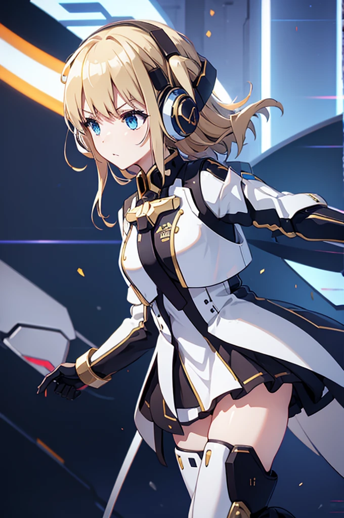 mecha wing、Thighs、tights、chest、Blonde Hair、 1 girl、 solo girl 、income、 headphones、idol dress、 holding a sword 、mecha girl、White Skirt