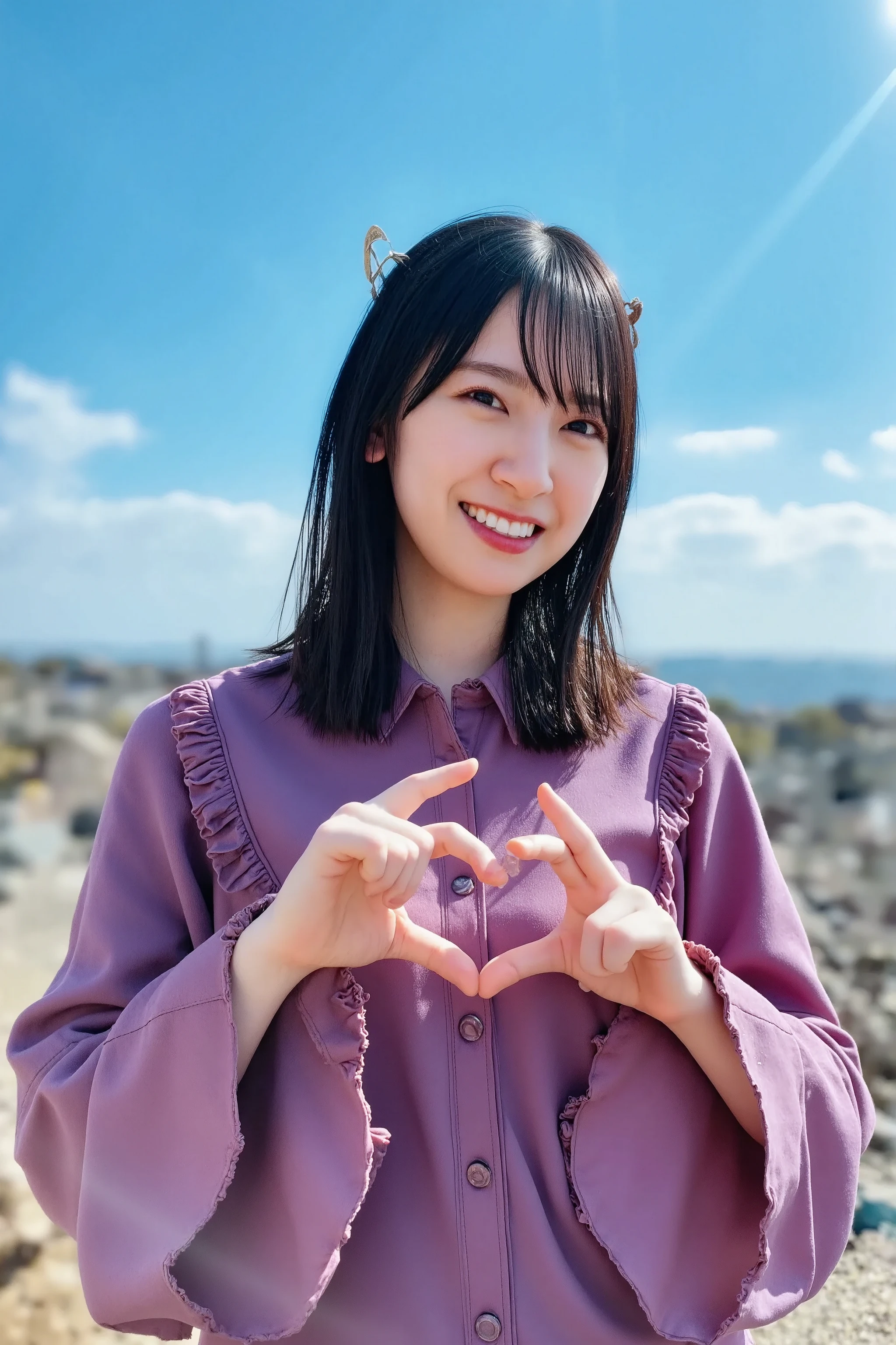    cute high school girl、 The background is a bright blue sky with a soft blur effect {x} staring at the camera with a slightly shy expression {x} posing with both hands making a firm big heart shape and holding it in front of her chest, 明るく楽しそうなsmile、 slightly embarrassed expression ,  staring at the camera ,  hair up to the shoulders 、Light waves 、 with bangs softly covering her forehead , 彼女は camisoleを着ており、A refreshing impression,  the background is a bright blue sky with a soft blur effect 、リアルなphotograph風のスタイル、 like it was taken with a professional camera , Soft natural light、(Healthy and young々Fresh skin)、 shot with a professional camera 、 she has a bright and happy smile 、High image quality  , 32K,     Extremely Accurate Anatomy   , masterpiece, Realistic,   very detailed , photograph,   Kampala , ((Heart shaped hands:2.78, Cute hairstyle)), Smoother light, Official Art,   Boundary depth description  ,  bright light, Detailed face, ((smile:1.0)),  eyes in the shape of a heart,    skin with real texture    ,   camisole