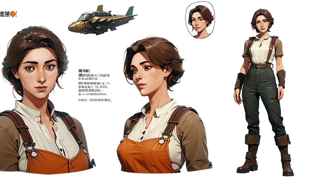 ((character design sheet, same character, front view)), (full body), Sci-fi, industrial cassette futurism, Decopunk, (masterpiece), (Best quality), (perfect face), illustration, 1girl, worn and dirty orange mechanics outfit, loose overalls, tool belts, mature age, detailed hair, pretty face, happy, plain background