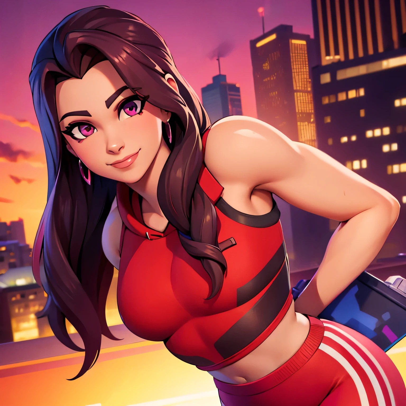 Ruby , (fortnite),1girl, solo, long hair, looking at viewer, smile, city background, bare shoulders, tight shirt, closed mouth, portrait, red sweatshirt, skin tight pants, red sports pants, realistic, best quality, masterpiece, ultra detail, ultra high res, extreme detail, 8k, uhd