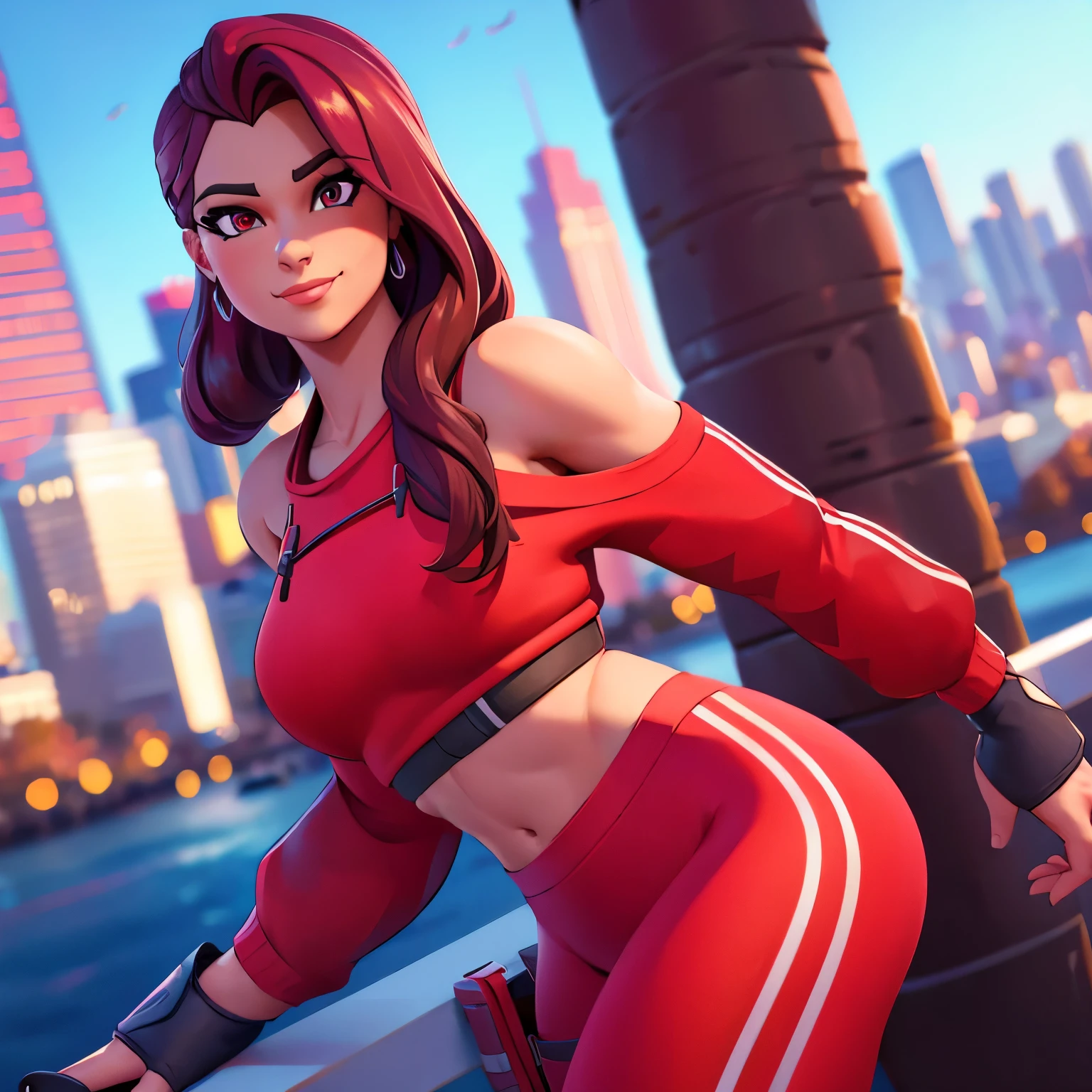 Ruby , (fortnite),1girl, solo, long hair, looking at viewer, smile, city background, bare shoulders, tight shirt, closed mouth, portrait, red sweatshirt, skin tight pants, red sports pants, realistic, best quality, masterpiece, ultra detail, ultra high res, extreme detail, 8k, uhd