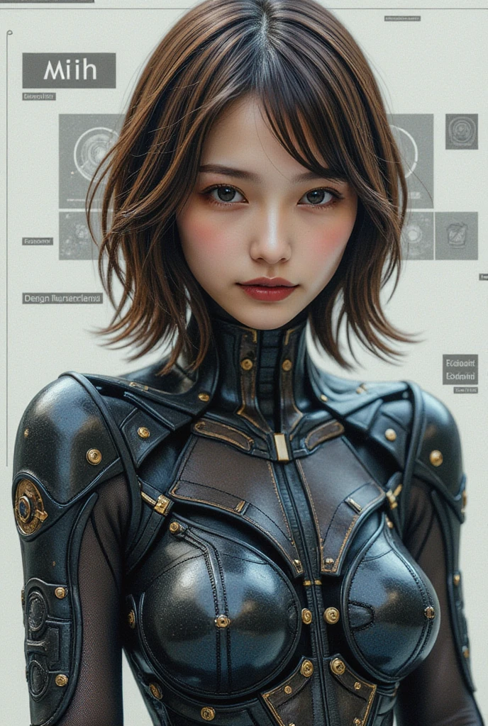 (最 high quality,  Details,masterpiece:1.2), from side:1.331, RAW Photos, Realistic, (Realistic), 最 high quality, masterpiece, 超 Details,  Very nice , 8kwallpaper, Realistic,Female Cyborgのエントリーのマインドマップ, Outputs and Processors, Multiple exposure of painting and person:1.331,   Create a digital collage-style image where multiple elements overlap, especially, The parts that make up her, (masterpiece:1.2,  のhigh qualityな ,Mirror finish,   Cinematic Experience  , Realistic:2.0, RAW Photos:2.0, 非常に Details), 32K, wallpaper,   super high definition :1.5, Ultra  high quality:1.5, (Representing blueprints with holograms:2.0), (Beautiful woman:2.0), Female Cyborg, (Female Cyborgの設計図:2.0), (Draw a back view:2.0), (Avant-garde design:2.0), ( Detailsな設計図を描く:2.0), (Numerous setting notes:2.0),   covering her chest with her hands  :1.21,  (Metal costumes handmade by skilled craftsmen :1.331),  Brown Hair,  wavy hair :1.21, Symmetrical eyes, 非常に Details目,  beautiful hair fluttering in the wind , reflection, masterpiece, 32k UHD resolution,  high quality, Professional photography, 