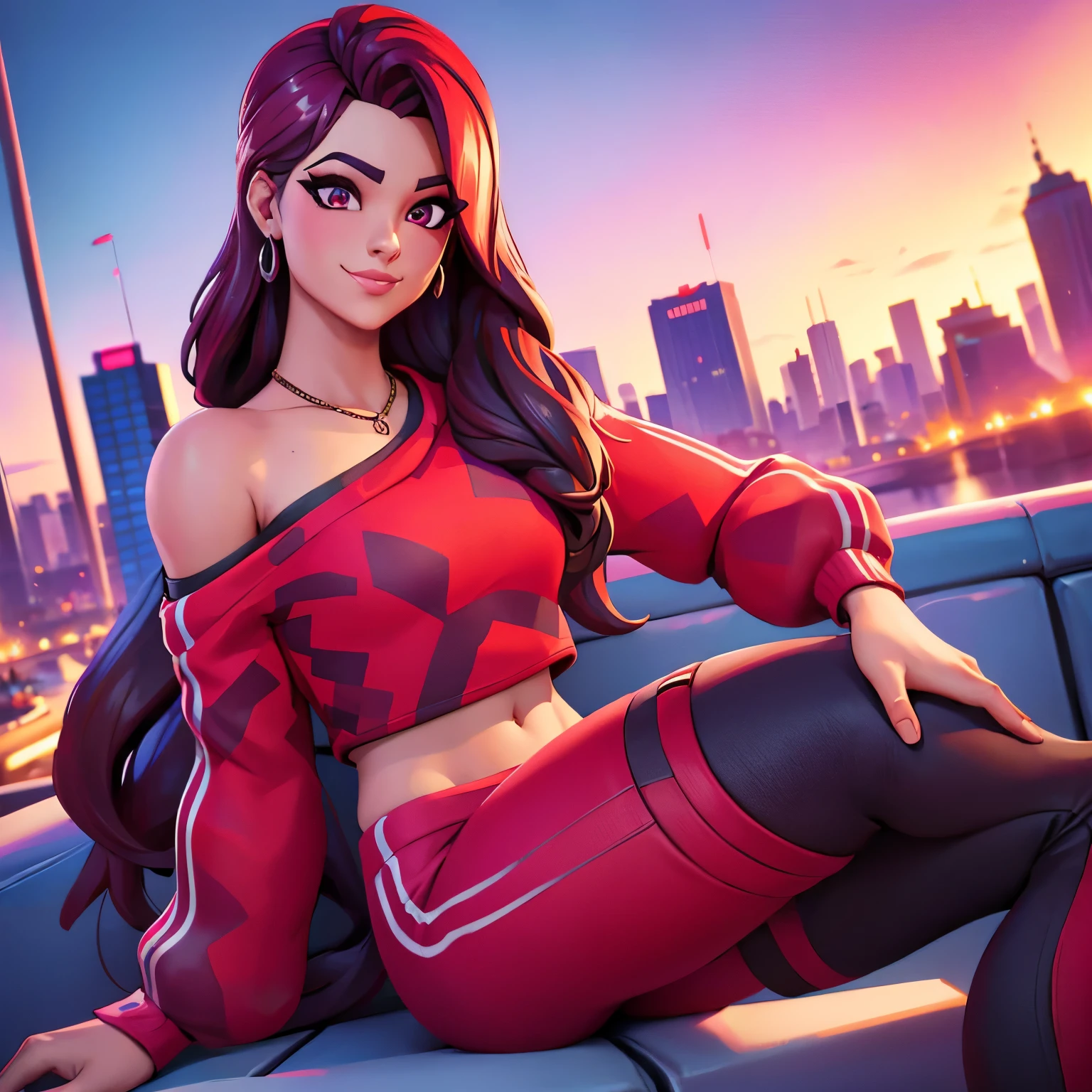 Ruby , (fortnite),1girl, solo, long hair, looking at viewer, smile, city background, bare shoulders, tight shirt, closed mouth, portrait, red sweatshirt, skin tight pants, red sports pants, realistic, best quality, masterpiece, ultra detail, ultra high res, extreme detail, 8k, uhd