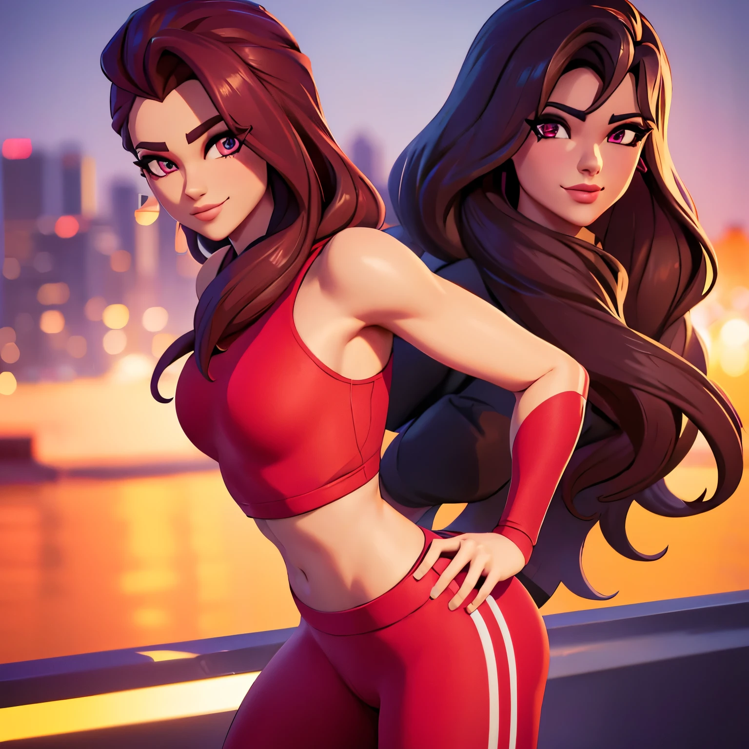 Ruby , (fortnite),1girl, solo, long hair, looking at viewer, smile, city background, bare shoulders, tight shirt, closed mouth, portrait, red sweatshirt, skin tight pants, red sports pants, realistic, best quality, masterpiece, ultra detail, ultra high res, extreme detail, 8k, uhd