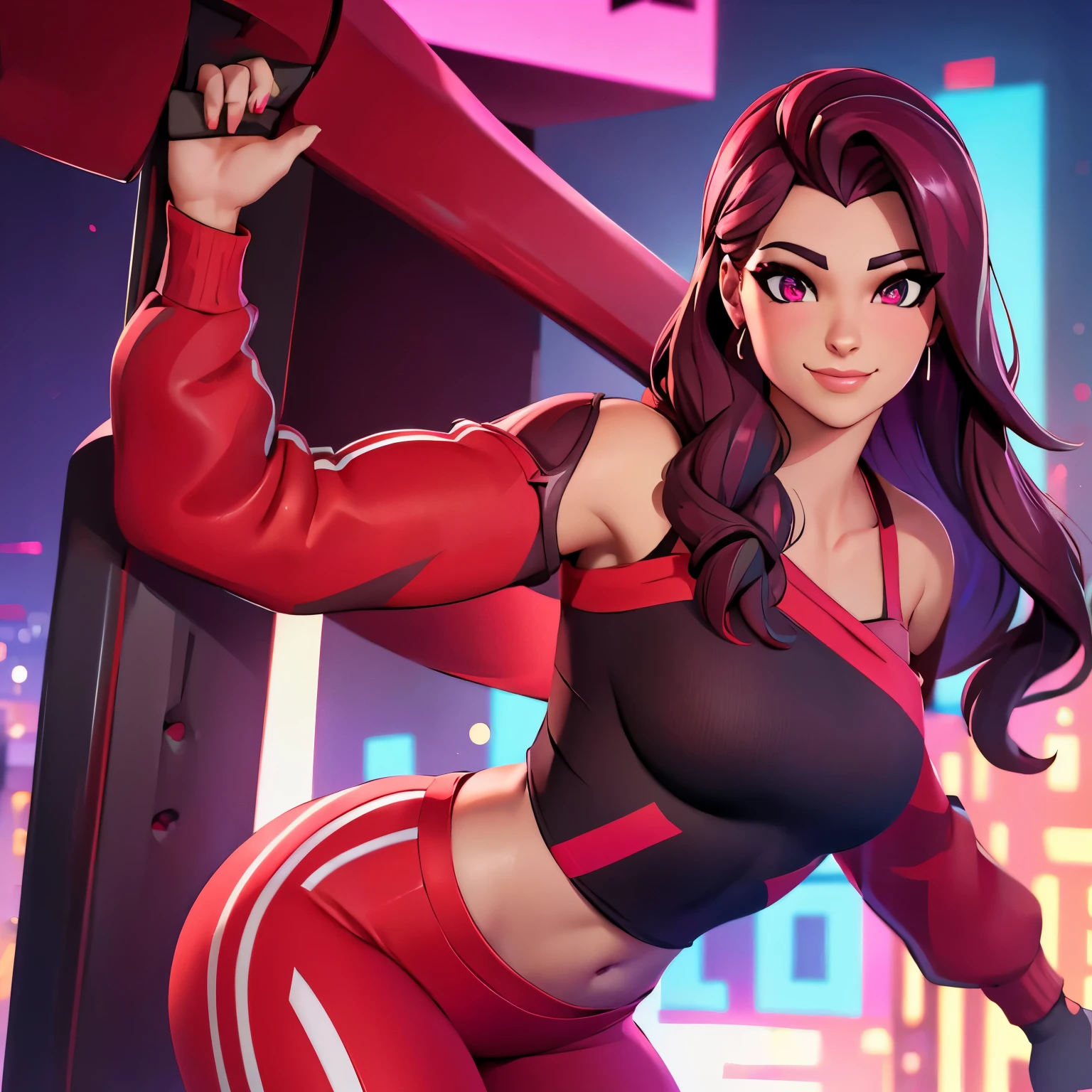 Ruby , (fortnite),1girl, solo, long hair, looking at viewer, smile, city background, bare shoulders, tight shirt, closed mouth, portrait, red sweatshirt, skin tight pants, red sports pants, realistic, best quality, masterpiece, ultra detail, ultra high res, extreme detail, 8k, uhd