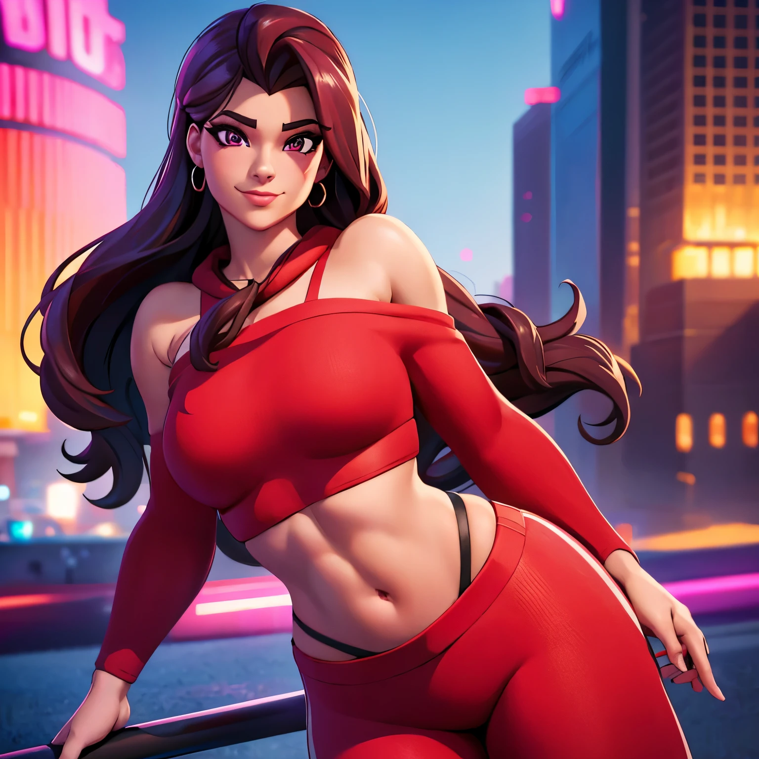 Ruby , (fortnite),1girl, solo, long hair, looking at viewer, smile, city background, bare shoulders, tight shirt, closed mouth, portrait, red sweatshirt, skin tight pants, red sports pants, realistic, best quality, masterpiece, ultra detail, ultra high res, extreme detail, 8k, uhd