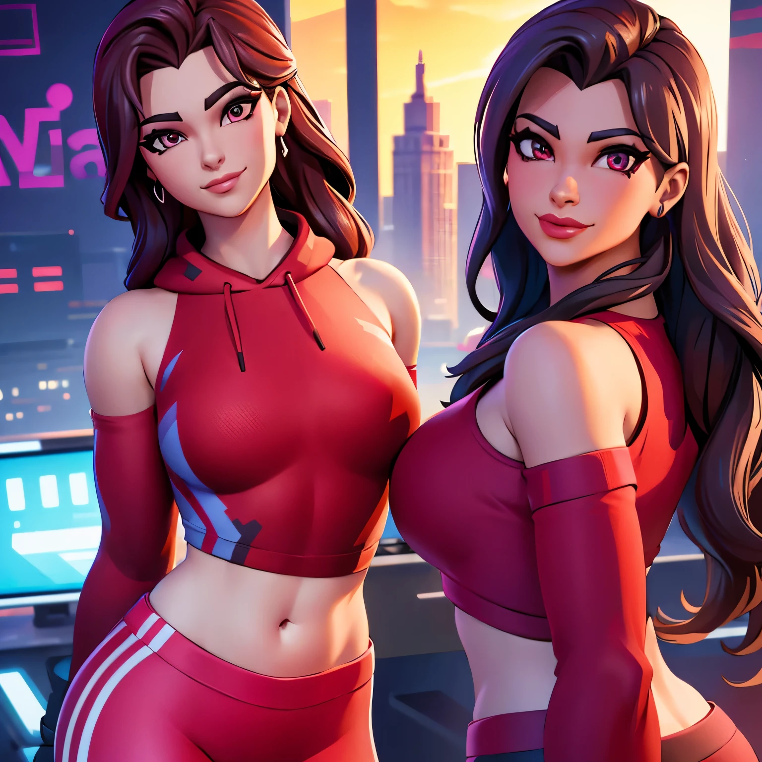 Ruby , (fortnite),1girl, solo, long hair, looking at viewer, smile, city background, bare shoulders, tight shirt, closed mouth, portrait, red sweatshirt, skin tight pants, red sports pants, realistic, best quality, masterpiece, ultra detail, ultra high res, extreme detail, 8k, uhd