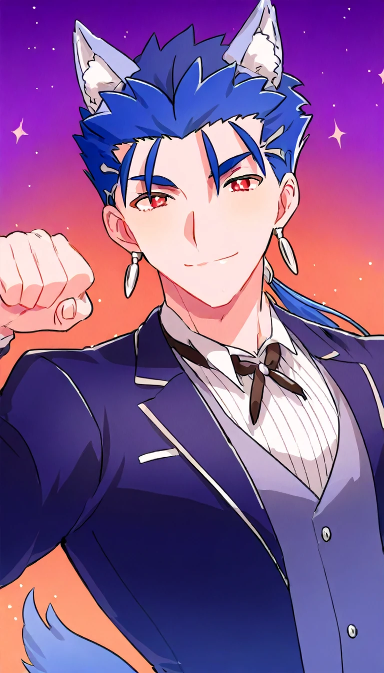 Cu Chulainn Blue Lancer a man dressed as a butler with blue wolf ears and tail with a good face, red eyes, a good body with little musculature and long blue hair with a ponytail at the nape of his neck and anime earrings with an orgasmic smile doing a wolf pose with a Halloween background.