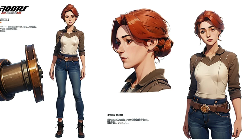 ((character design sheet, same character, front view)), (full body), Sci-fi, industrial cassette futurism, (masterpiece), (Best quality), (perfect face), illustration, 1girl, worn and dirty mechanics outfit, loose orange jeans, tool belts, mature age, detailed hair, pretty face, happy, plain background