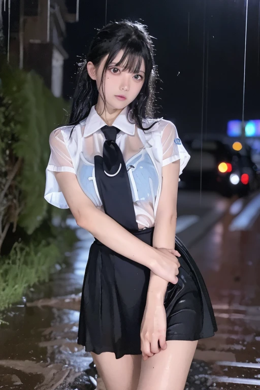   1 tall woman  , , (punk hairstyle  ,   Black Hair  ),   scary expression,   holding vaginal inserts for a plump body  ,  blue eyes , One Piece Uniform, (Wearing a transparent white dress, Short sleeve, Light grey tie,),   OSIS logo on the shirt pocket, Perfect round breasts,    he was tired of falling into the rain    (  the road is very muddy  ),  Expression of fatigue   (  his uniform was wet in the rain  ), heavy rain (Rain at night), The skirt is also transparent ,   Black Lace Panties ,  his uniform was wet   (  his uniform was wet  ),My skirt is wet too ,   Night sky background  , Best Shot.