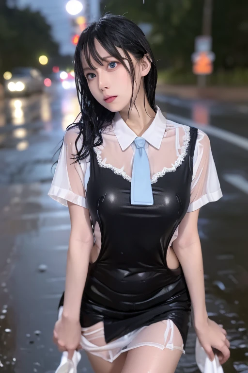   1 tall woman  , , (punk hairstyle  ,   Black Hair  ),   scary expression,   holding vaginal inserts for a plump body  ,  blue eyes , One Piece Uniform, (Wearing a transparent white dress, Short sleeve, Light grey tie,),   OSIS logo on the shirt pocket, Perfect round breasts,    he was tired of falling into the rain    (  the road is very muddy  ),  Expression of fatigue   (  his uniform was wet in the rain  ), heavy rain (Rain at night), The skirt is also transparent ,   Black Lace Panties ,  his uniform was wet   (  his uniform was wet  ),My skirt is wet too ,   Night sky background  , Best Shot.