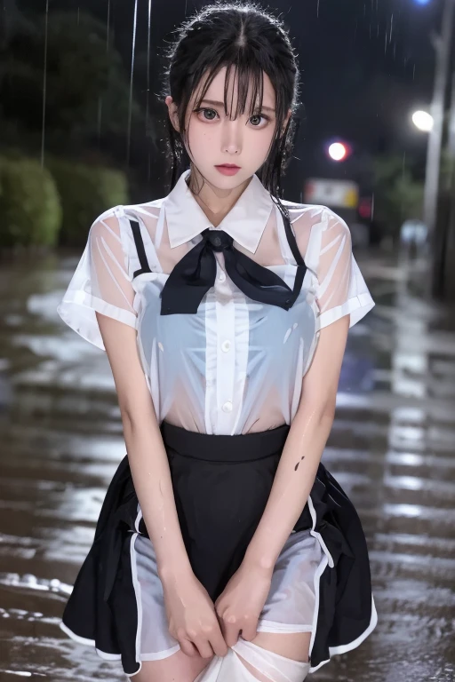   1 tall woman  , , (punk hairstyle  ,   Black Hair  ),   scary expression,   holding vaginal inserts for a plump body  ,  blue eyes , One Piece Uniform, (Wearing a transparent white dress, Short sleeve, Light grey tie,),   OSIS logo on the shirt pocket, Perfect round breasts,    he was tired of falling into the rain    (  the road is very muddy  ),  Expression of fatigue   (  his uniform was wet in the rain  ), heavy rain (Rain at night), The skirt is also transparent ,   Black Lace Panties ,  his uniform was wet   (  his uniform was wet  ),My skirt is wet too ,   Night sky background  , Best Shot.