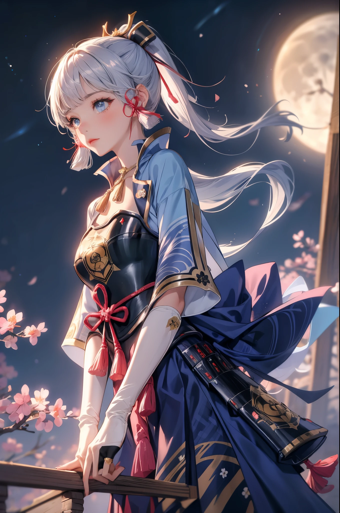 masterpiece, Best Quality, ((Ayaka Kamisato_ Genshin Impact)),(( 1 girl ,Long Hair, blue hair , ponytail,  Hair Ribbon ,  hair accessories , Hold the  ,  blue eyes ,breastplate,armor, Short sleeve,Japanese clothing,  Blue Skirt , Tassel,gloves, Arm guard,))[hold a japanese fan(japanese sensu):1.4],((Great background、whirlwind、Night Sky、star、moon)),　Reaching for the cherry blossom
