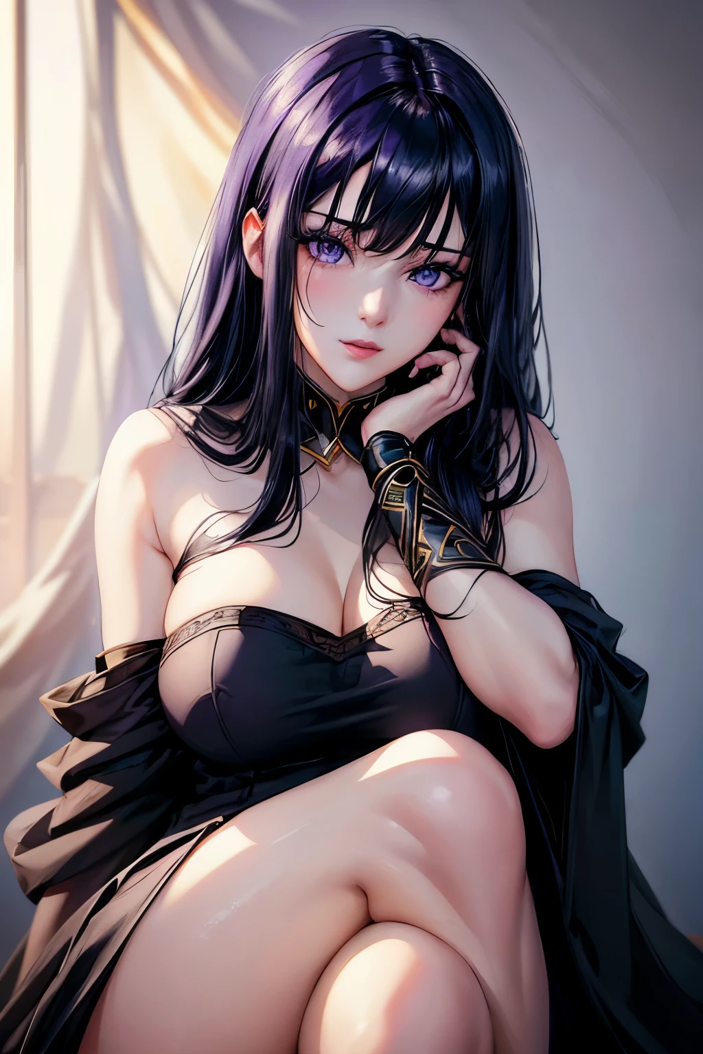 A girl with long black hair, beautiful purple eyes, painted lips, semi-nude, sitting elegantly against a white background, (best quality, 4k, high resolution, masterpiece:1.2), ultra-detailed, photorealistic, vivid colors, soft lighting, fine art portrait, sensual pose, expressive gaze