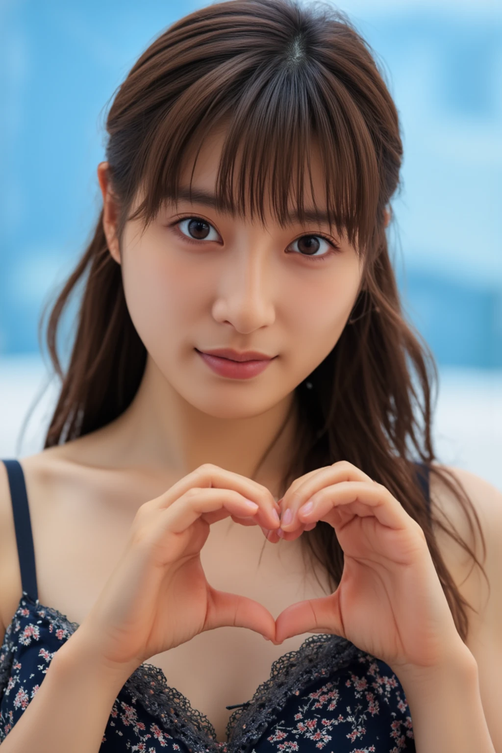    cute high school girl、 The background is a bright blue sky with a soft blur effect {x} staring at the camera with a slightly shy expression {x} posing with both hands making a firm big heart shape and holding it in front of her chest, 明るく楽しそうなsmile、 slightly embarrassed expression ,  staring at the camera ,  hair up to the shoulders 、Light waves 、 with bangs softly covering her forehead , 彼女は camisoleを着ており、A refreshing impression,  the background is a bright blue sky with a soft blur effect 、リアルなphotograph風のスタイル、 like it was taken with a professional camera , Soft natural light、(Healthy and young々Fresh skin)、 shot with a professional camera 、 she has a bright and happy smile 、High image quality  , 32K,     Extremely Accurate Anatomy   , masterpiece, Realistic,   very detailed , photograph,   Kampala , ((Heart shaped hands:2.78, Cute hairstyle)), Smoother light, Official Art,   Boundary depth description  ,  bright light, Detailed face, ((smile:1.0)),  eyes in the shape of a heart,    skin with real texture    ,   camisole