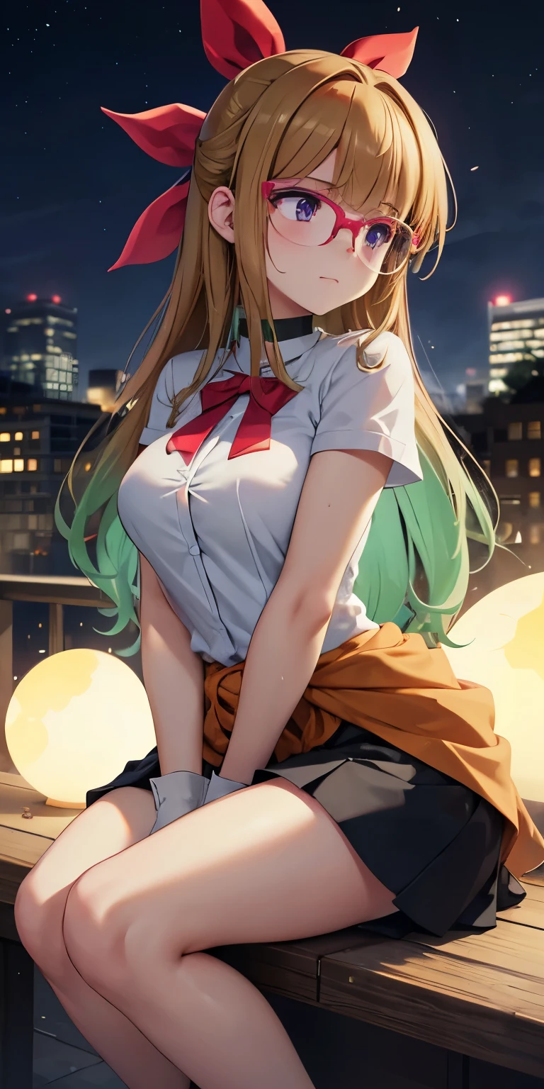 1 Female,High definition,high resolution,Ultra-realistic,8K, ohdoyuamu, 1girl, solo, long hair, green hair, blonde hair, brown hair, bow, ribbon, purple eyes, hair ribbon, hair bow, glasses, green choker, white gloves, blunt bangs, red-framed eyewear, jacket, green shirt, short sleeves, white jacket, clothes around waist, orange pants, large breasts, European,sexy,Upper body close-up,Photographed from the front,Dynamic Angles,private teacher,blush, medium tits ,outdoors, moonlight, dark sky, buildings,full body,4k, ultra high definition, perfect face, detailed face , (isometric profile view), sitting ,(pov, closed shot:1.2) ,thinking , detailed clothes , detailed face 