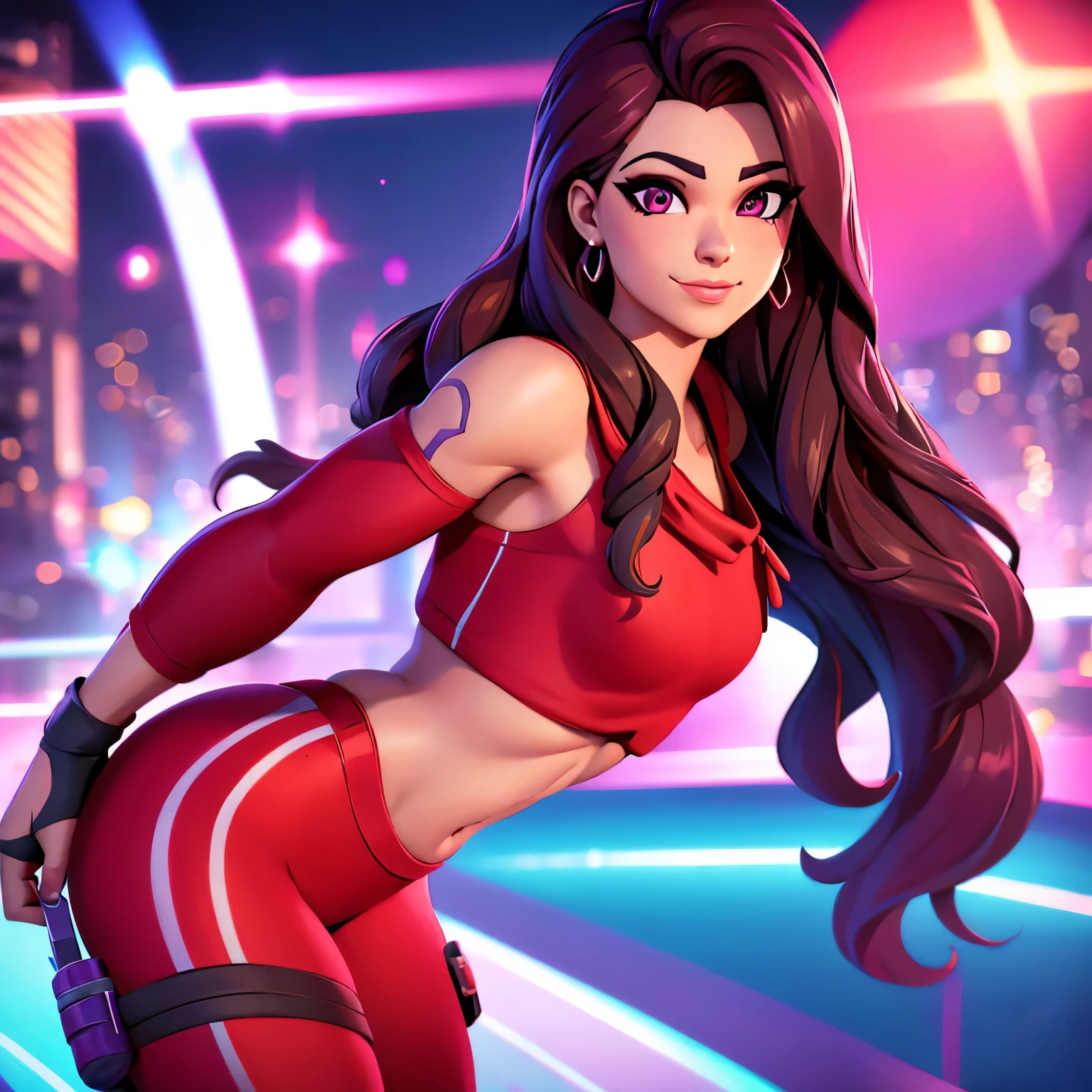 Ruby , (fortnite),1girl, solo, long hair, looking at viewer, smile, city background, bare shoulders, tight shirt, closed mouth, portrait, red sweatshirt, skin tight pants, red sports pants, realistic, best quality, masterpiece, ultra detail, ultra high res, extreme detail, 8k, uhd