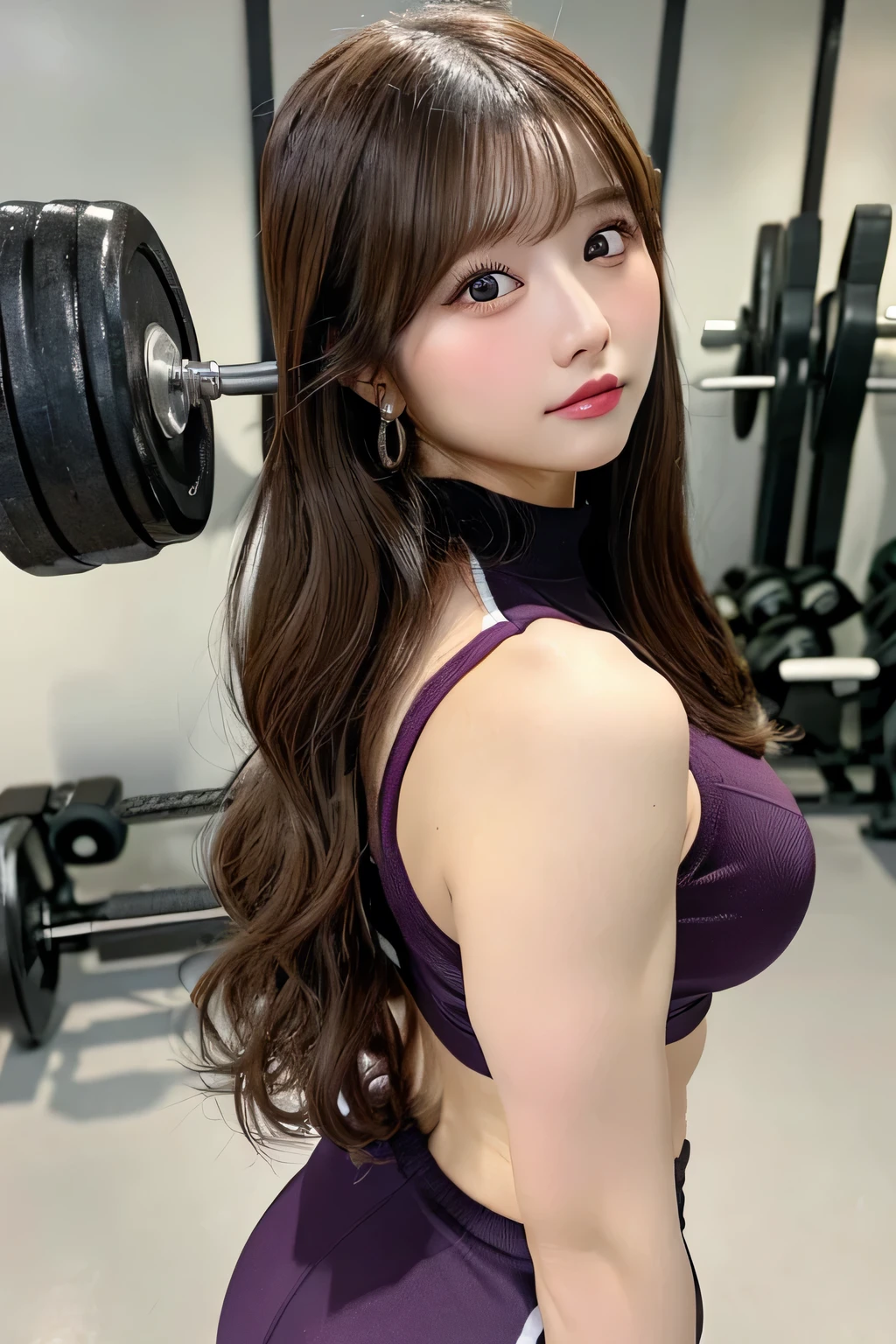 Masterpiece,best quality,high quality,detailed,ultra detailed.4K/8k,Full-HD,high resolution１gitl, medium long hair、Brown Hair、 Japanese idol in her 20s、Plump Cheeks、Natural eyelashes 、 training wear to carry dumbbells、indoor、