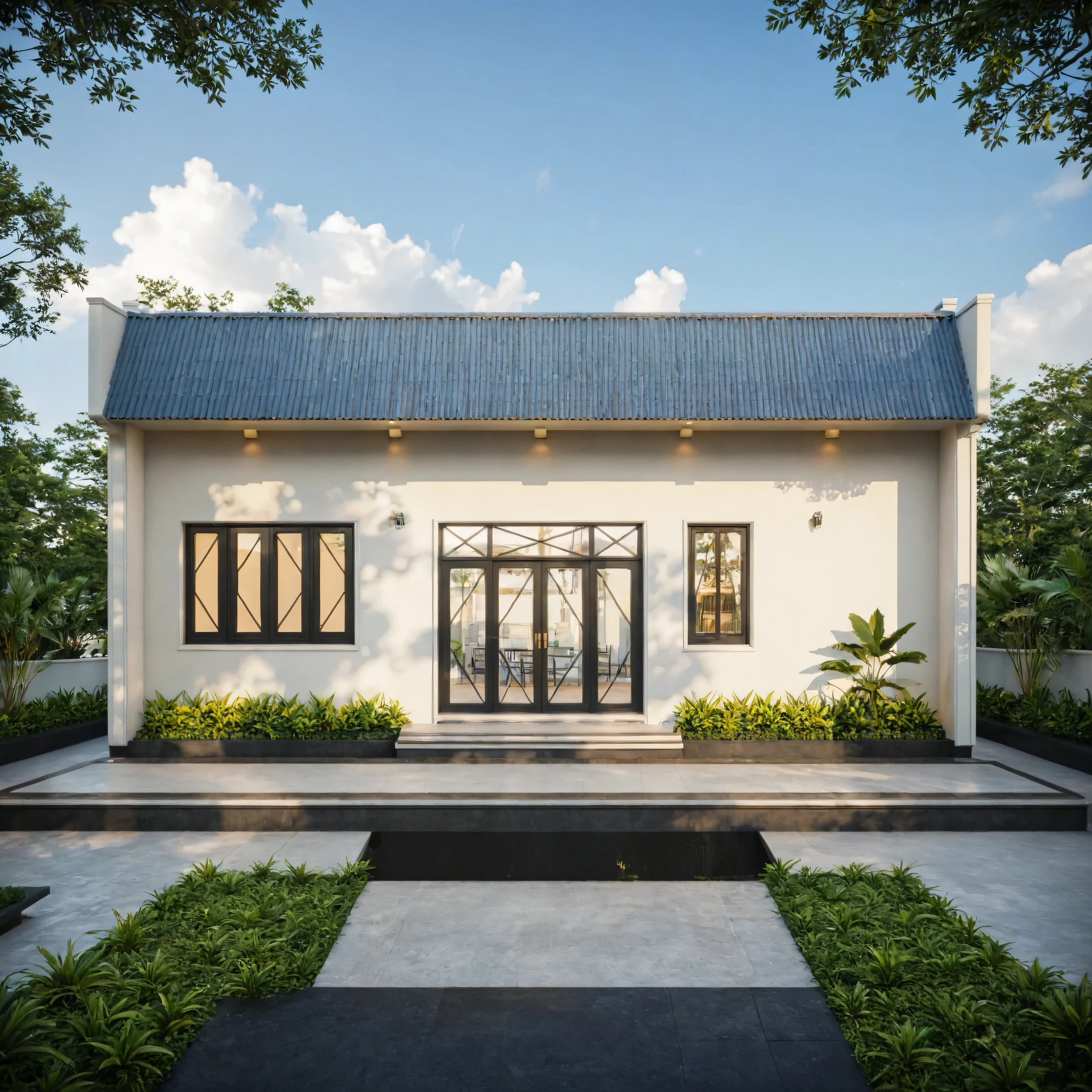  exterior of indochine villa, streetcapes, clear sky, few cloud, interior warm lighting, morning sunlight,minimalist landscaping, featuring lush greenery, textured walls, and natural materials. The villa is set under a blue sky with scattered clouds, casting soft shadows, photorealistic rendering with high realism, (RAW photo, masterpiece, best quality,ultra-detailed, extremely delicate and beautiful, highresolution, best shadow:1.1)