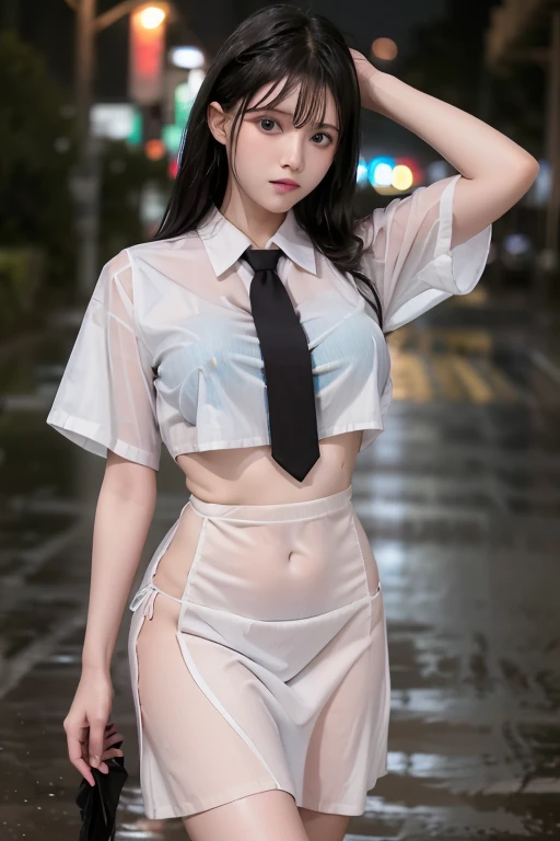   1 tall woman  , , (punk hairstyle  ,   Black Hair  ),   scary expression,   holding vaginal inserts for a plump body  ,  blue eyes , One Piece Uniform, (Wearing a transparent white dress, Short sleeve, Light grey tie,),   OSIS logo on the shirt pocket, Perfect round breasts,    he was tired of falling into the rain    (  the road is very muddy  ),  Expression of fatigue   (  his uniform was wet in the rain  ), heavy rain (Rain at night), The skirt is also transparent ,   Black Lace Panties ,  his uniform was wet   (  his uniform was wet  ),My skirt is wet too ,   Night sky background  , Best Shot.