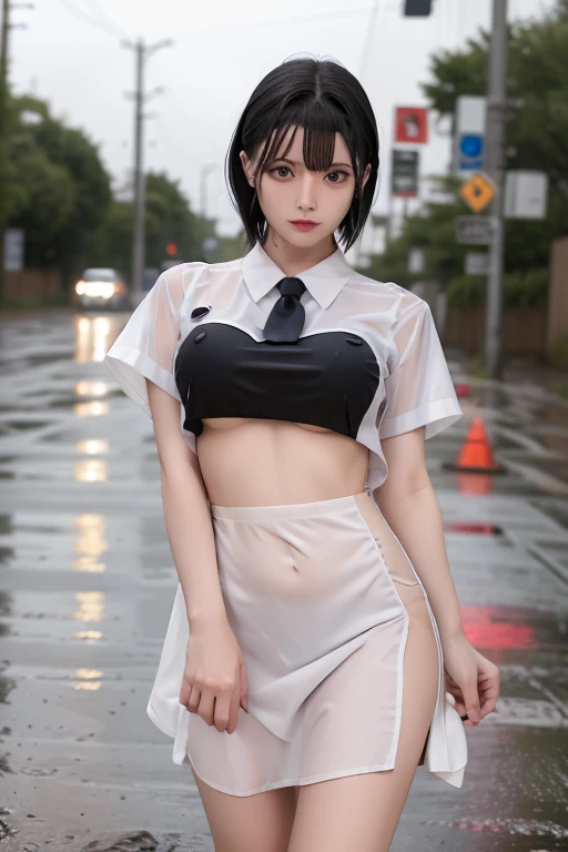   1 tall woman  , , (punk hairstyle  ,   Black Hair  ),   scary expression,   holding vaginal inserts for a plump body  ,  blue eyes , One Piece Uniform, (Wearing a transparent white dress, Short sleeve, Light grey tie,),   OSIS logo on the shirt pocket, Perfect round breasts,    he was tired of falling into the rain    (  the road is very muddy  ),  Expression of fatigue   (  his uniform was wet in the rain  ), heavy rain (Rain at night), The skirt is also transparent ,   Black Lace Panties ,  his uniform was wet   (  his uniform was wet  ),My skirt is wet too ,   Night sky background  , Best Shot.