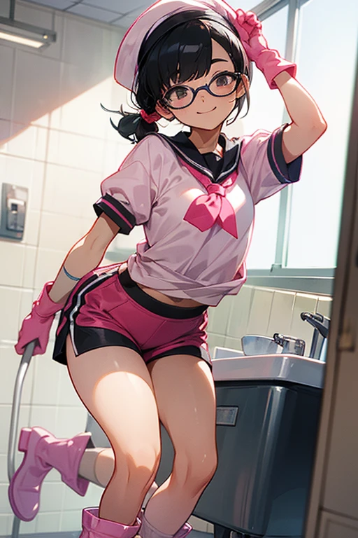 A black-haired, ugly elementary school girl wearing glasses and a gym cap on her head and white rubber boots, and a short-sleeved gym uniform, is smiling as she tries on a pair of oversized pink rubber gloves in front of the cleaning supplies cupboard in the bathroom.