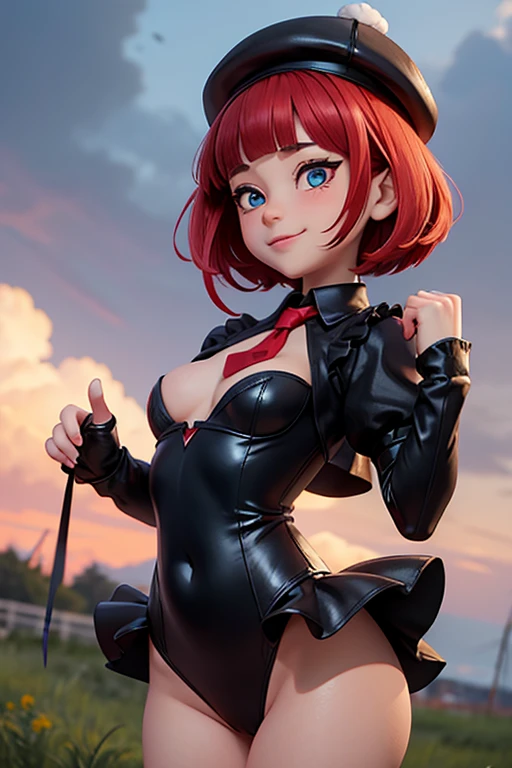 A beautiful and sexy peasant woman dress like a tavern wench, beautiful aquiline face detail, bright light eyes, full luscious lips, sexy eyeliner and eyeshadow, flirty smile, mischievous glint in her eye, detailed tiny perky cleavage, perfect legs, lithe body, wonderful and innocent energy, adventurous spirit, Lucious red hair, atmospheric fog, ambient light, rim light, a small medieval village, an overgrown forest, sexy dancing and twirling,
 sultry look, seductive
