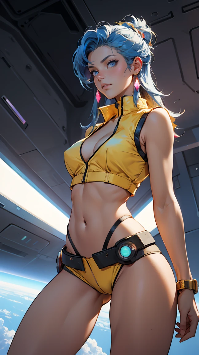 ((Masterpiece, highest quality; 1.3)), super quality, beautiful detail, super detailed, extra fine, 16K, exquisite, absurd, high resolution, beautiful background, detailed background, beautiful eyes, beautiful skin, anime style, dirtypairyuri, Dirty Pair Yuri in a skimpy light yellow outfit, long blue hair, blue eyes, earrings, white yellow uniform, white crop top, cutout, sleeveless, wearing tight clothing, skimpy, (breasts: 1.2), cleavage, cleavage, , obliques, fit arms, slim waist, ((wide hips)), fit thighs, (thigh gap), showing stomach, (skinny frame), wide hips, cyberpunk city background, holding a retro space gun